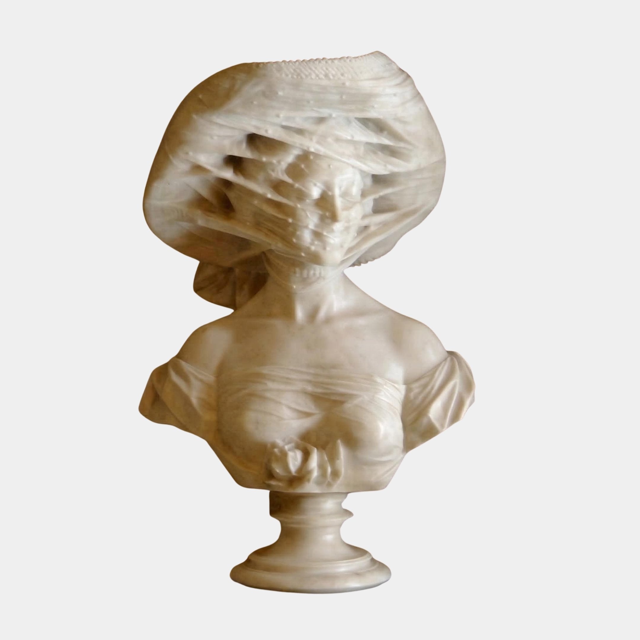 The Lady With Veiled Hat Marble Bust Sculpture by Giant Sculptures is a 65cm intricately carved marble bust of a veiled woman, revealing detailed facial features and delicate folds against a plain white background.