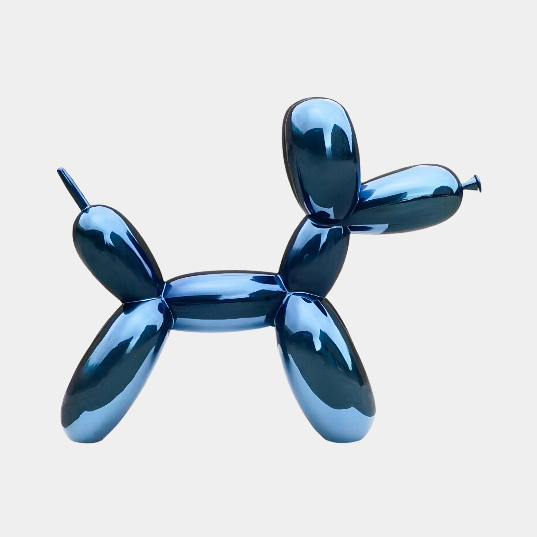 The 240cm Sapphire Blue Balloon Dog Sculpture by Giant Sculptures is a luxurious art piece. Its glossy, metallic blue finish stands out against a simple white backdrop, reflecting light and highlighting its sleek form.
