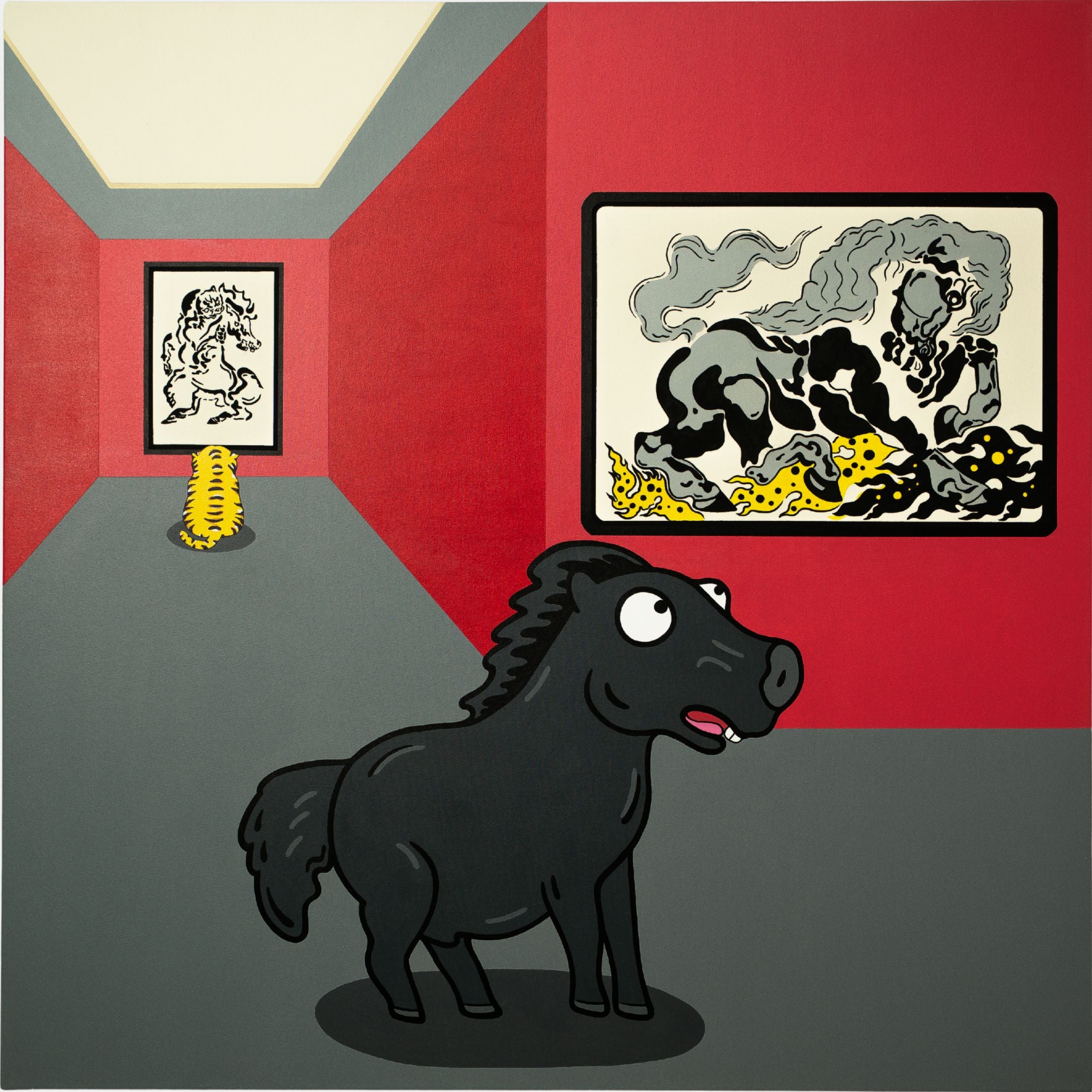 A cartoon black horse stands in an art gallery, admiring abstract paintings on red and gray walls. The Museum Friends Pop Art Canvas Painting by Giant Sculptures features dynamic, swirling shapes. Nearby, a stack of yellow paper rests on the floor, mirroring the playful styles.