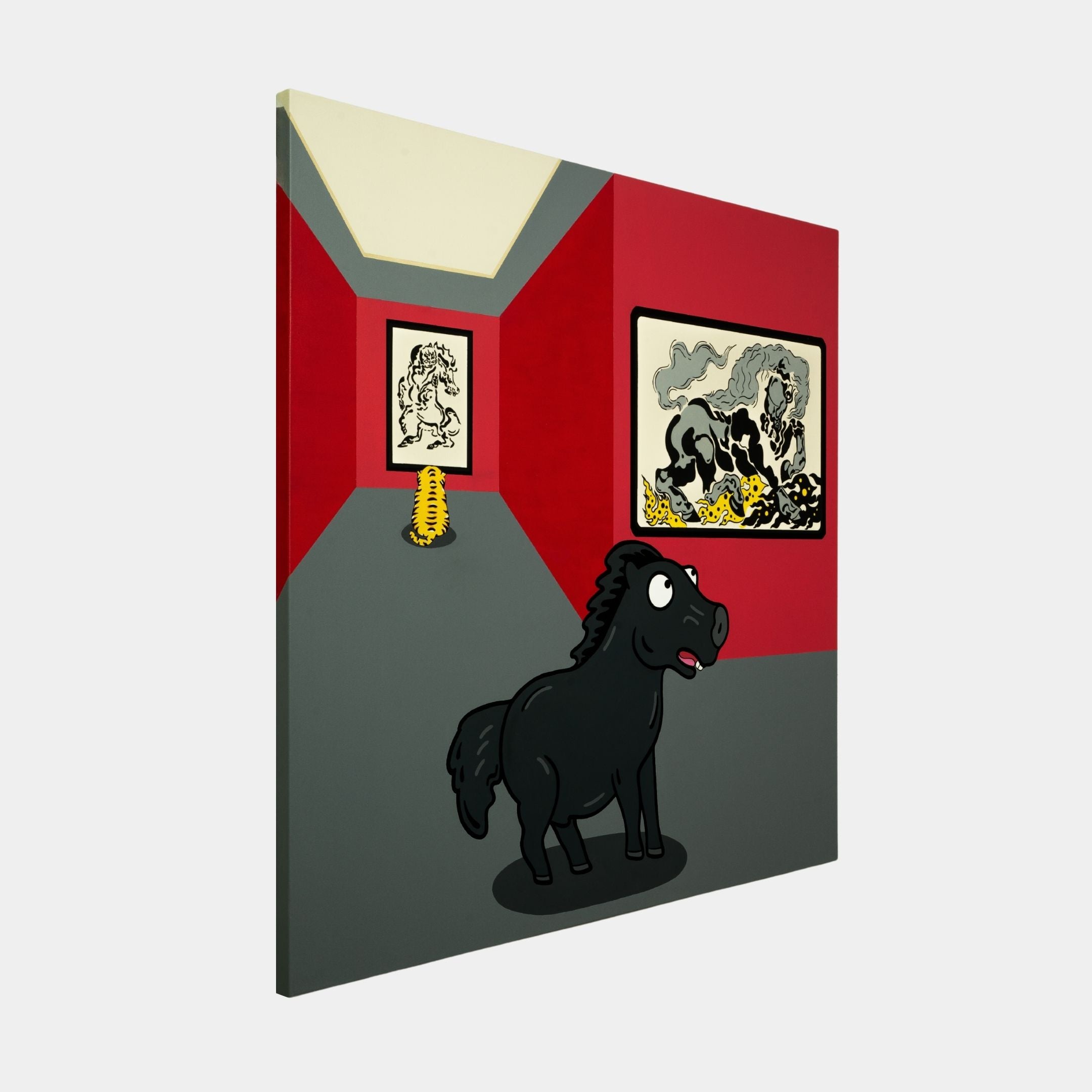 A whimsical black horse is in a room with red and gray walls, alongside framed artwork and a yellow coil on the floor, creating a surreal vibe reminiscent of the Museum Friends Pop Art Canvas Painting by Giant Sculptures.