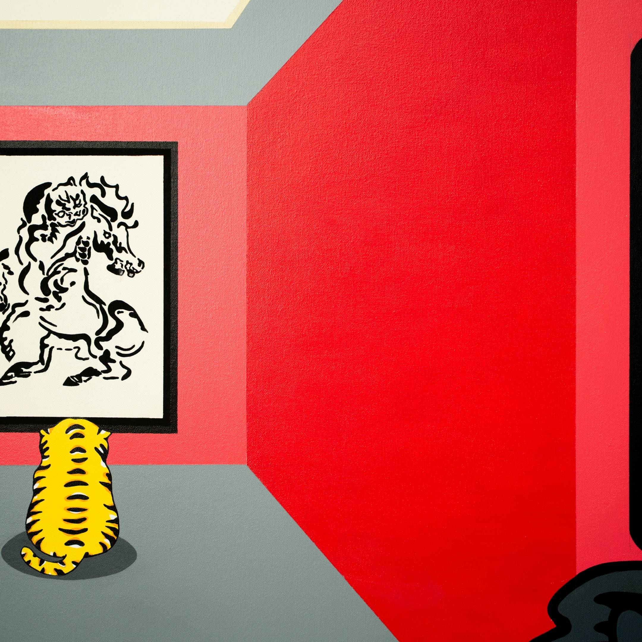 A tiger sits on a gray floor facing a framed black-and-white illustration on the red wall. This whimsical space, featuring a Museum friends Pop Art Canvas Painting by Giant Sculptures, blends bold simplicity with artistic flair for an inviting setting amid the striking color scheme.