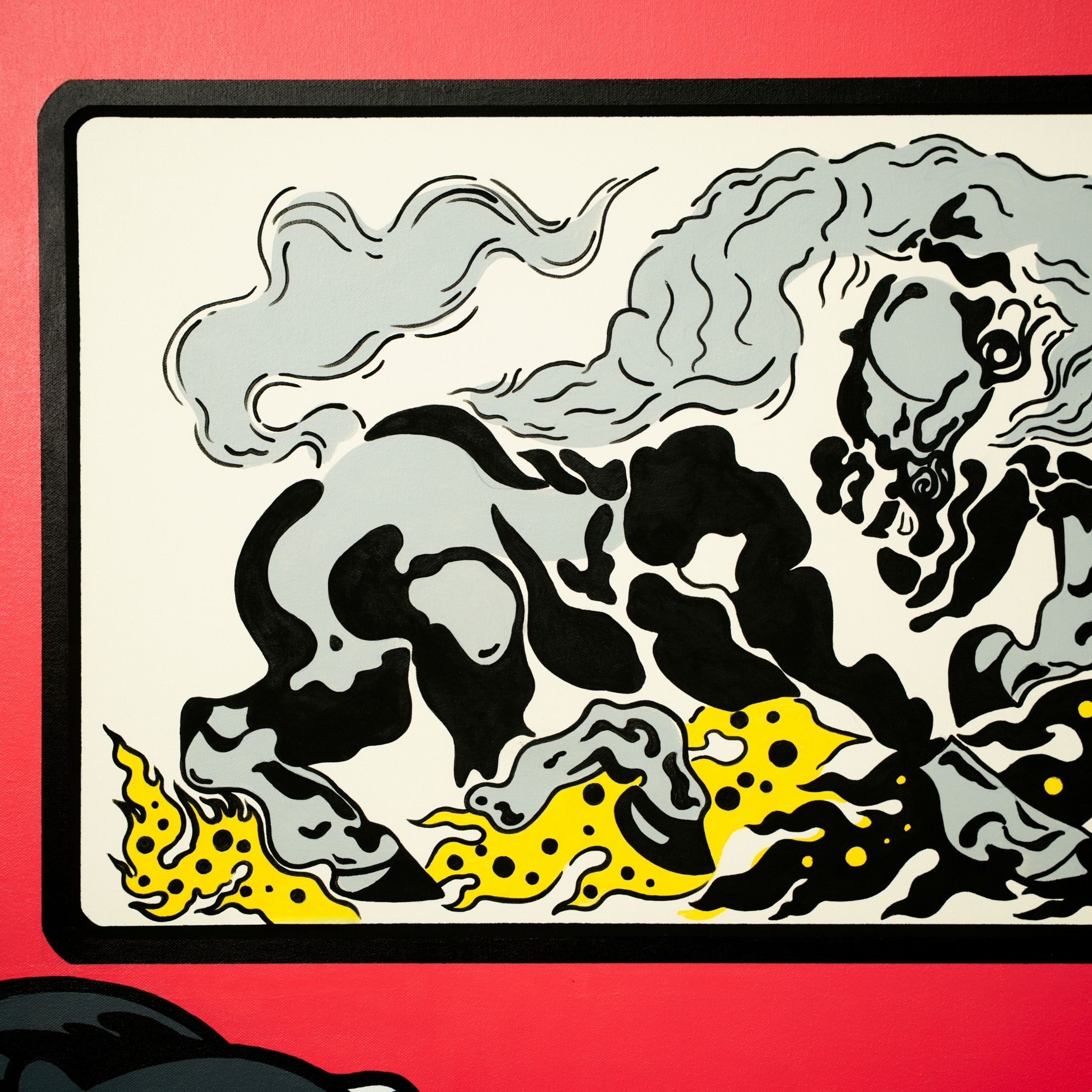 The Museum Friends Pop Art Canvas Painting by Giant Sculptures features an abstract lion with a swirling mane in black, white, and gray. Yellow flame-like accents appear at its feet against a whimsical pinkish red background framed in black.