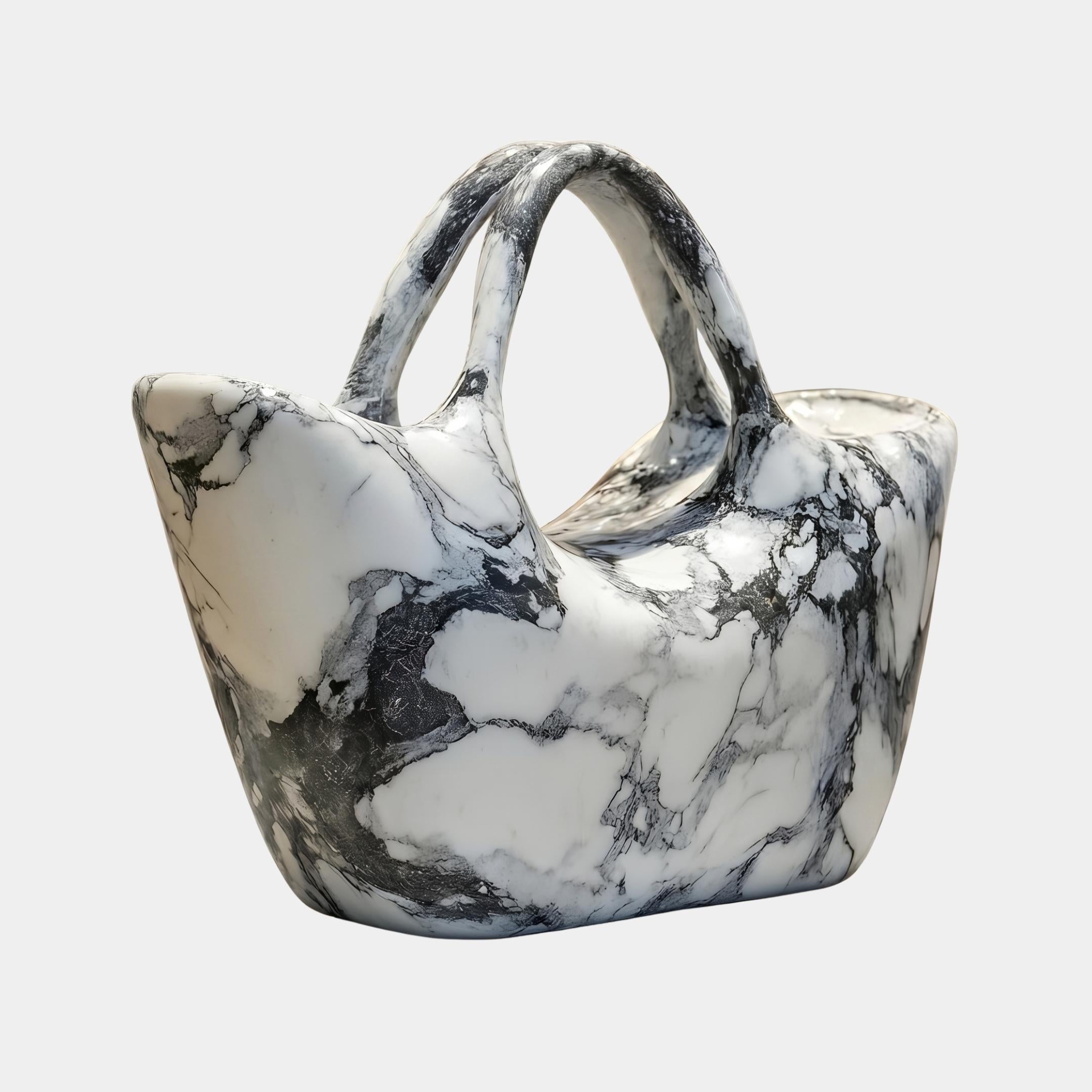 Bucket Bag Marble Sculpture 40cm by Giant Sculptures in white Italian Carrara marble with grey veining, arched handle, shown against a plain white background.