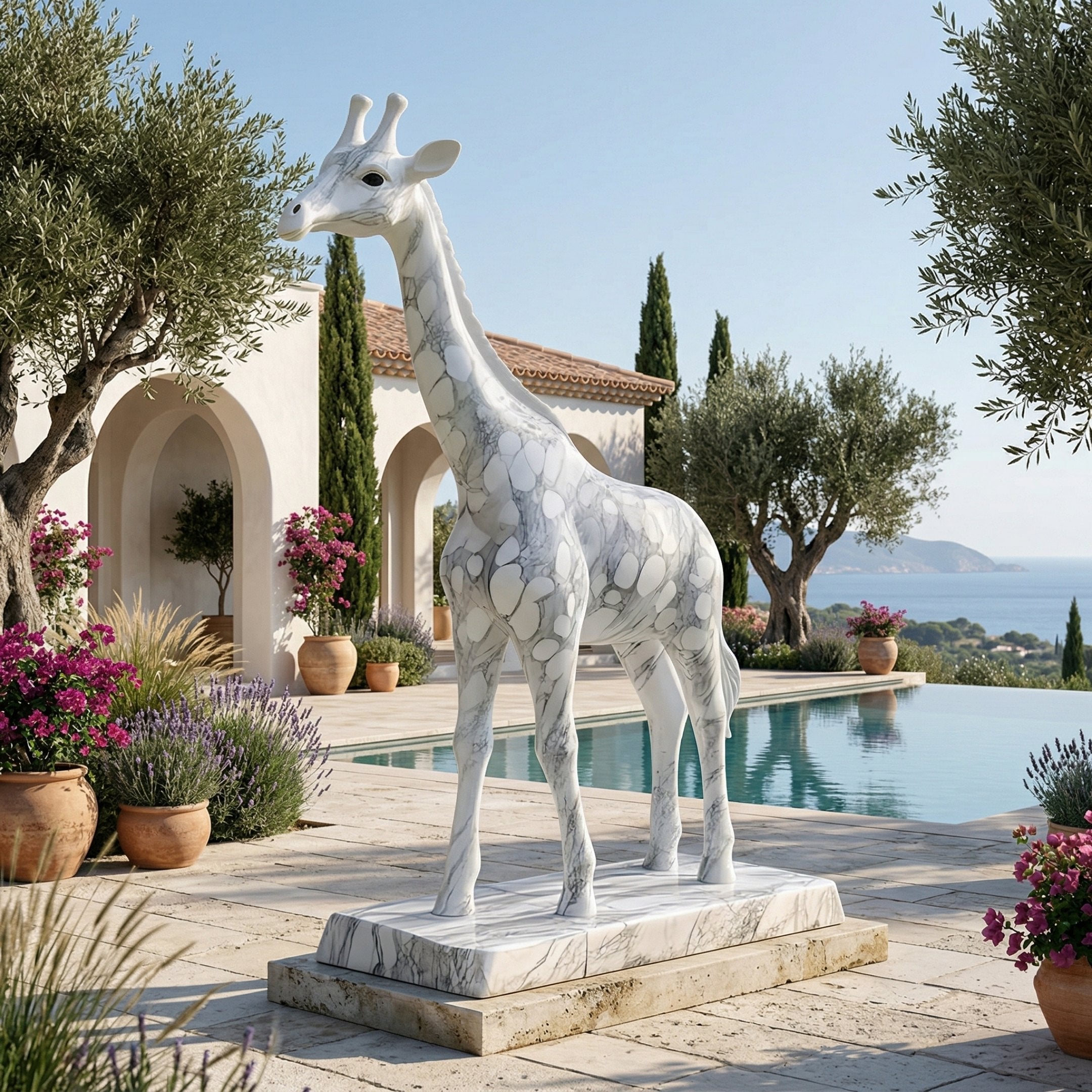 The Elegant Giraffe White Marble Outdoor Sculpture (350cm) by Giant Sculptures stands on a stone pedestal by a pool, surrounded by lush greenery with a Mediterranean villa and sea in the background.