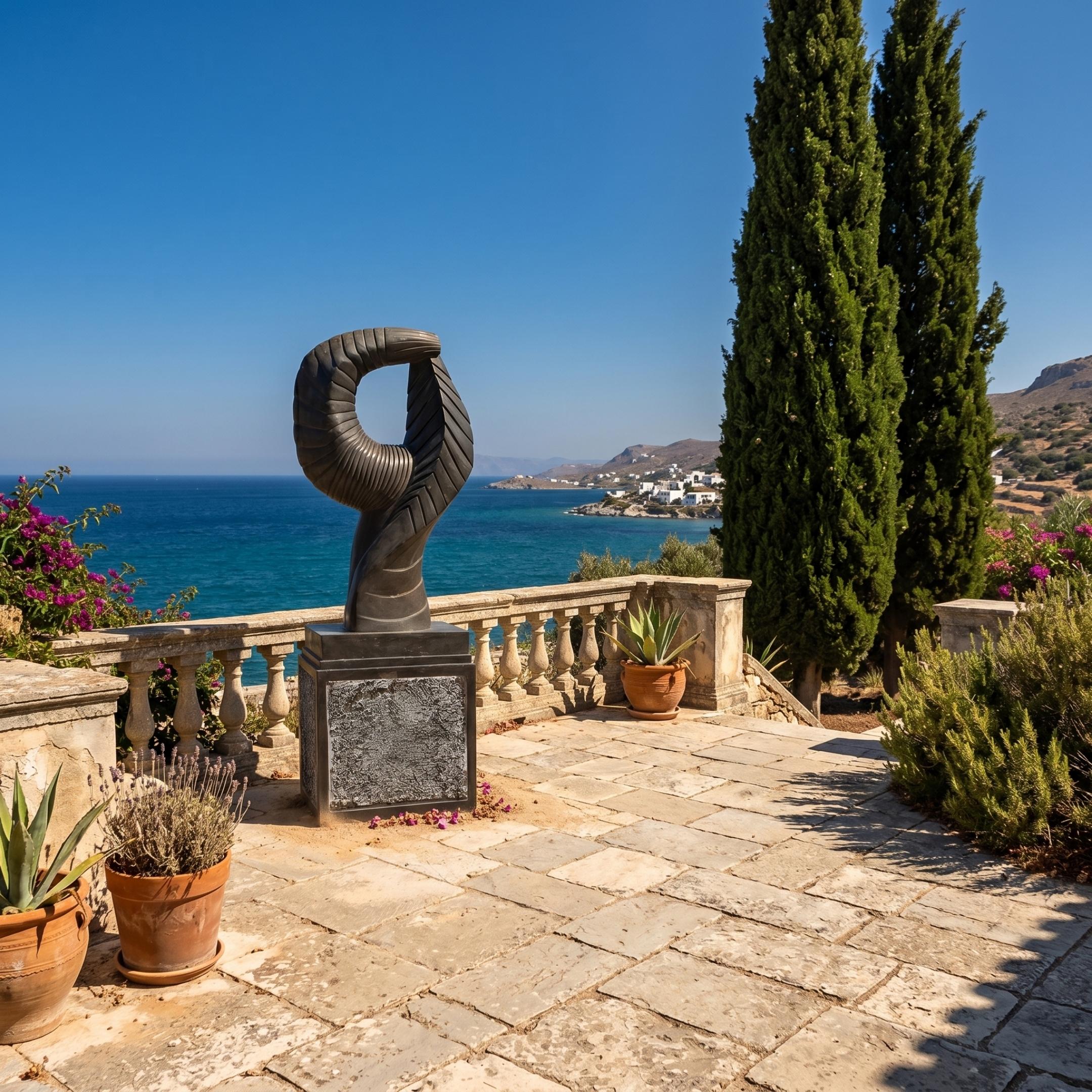 Abstract Folded Form Marble Sculpture by Giant Sculptures, 80cm black marble piece on a stone terrace overlooking the sea, framed by cypress trees and bougainvillea.