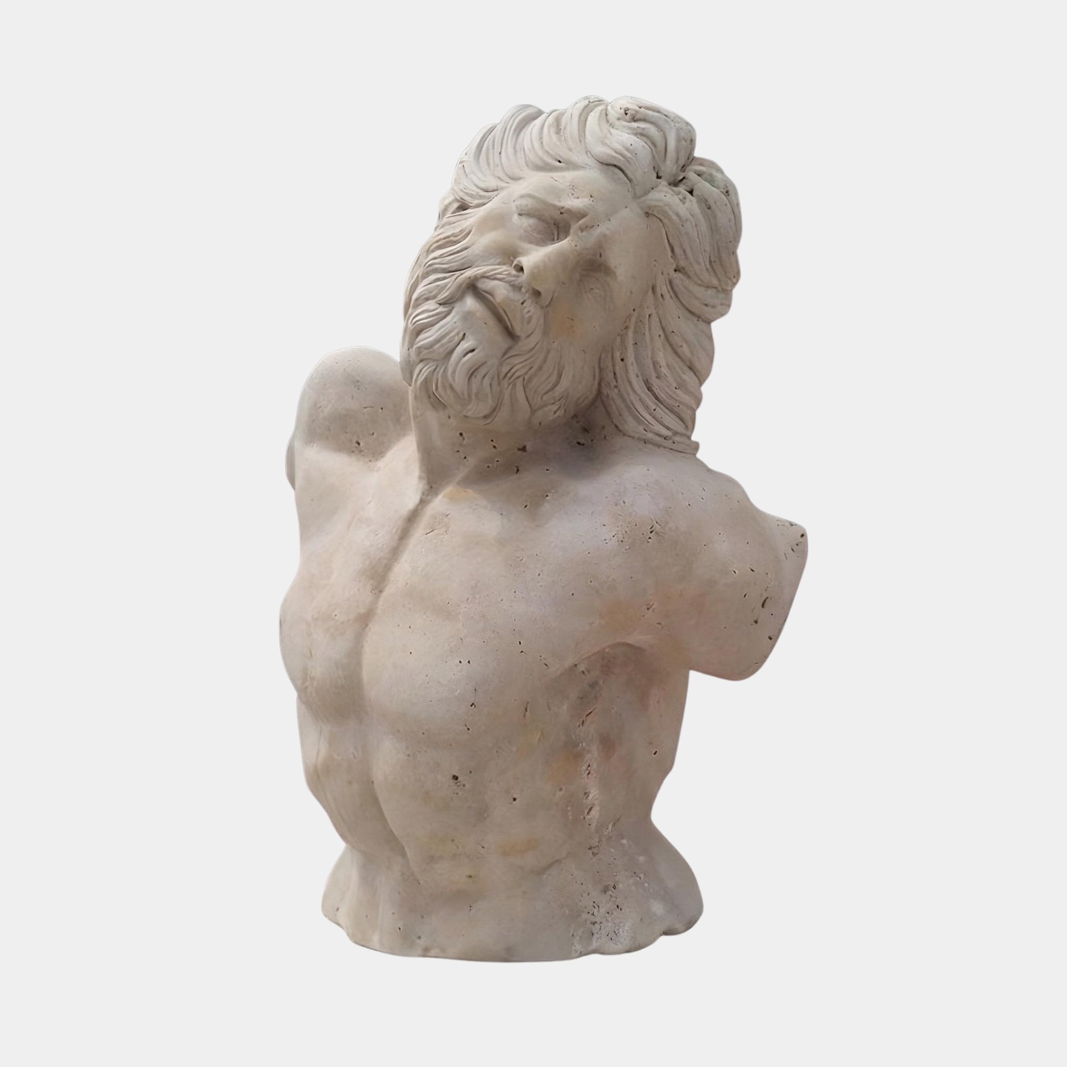The Hercules Marble Torso Bust Sculpture by Giant Sculptures (95cm) features a bearded male with missing arms, head tilted back, closed eyes, and detailed facial hair, evoking the weathered look of ancient classical art.