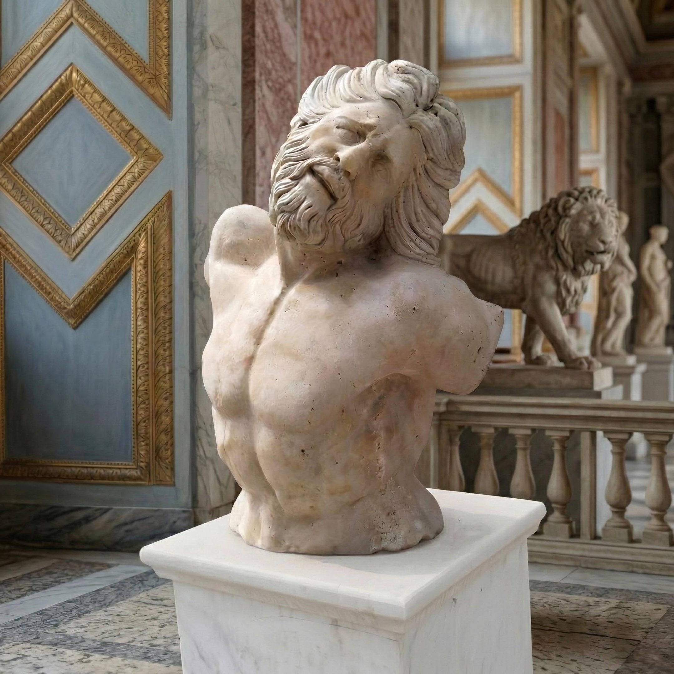 The Hercules Marble Torso Bust Sculpture by Giant Sculptures (95cm) features a bearded, muscular figure with missing arms and tilted head, displayed on a pedestal in an ornate room with detailed walls and a lion statue—an example of classical art.
