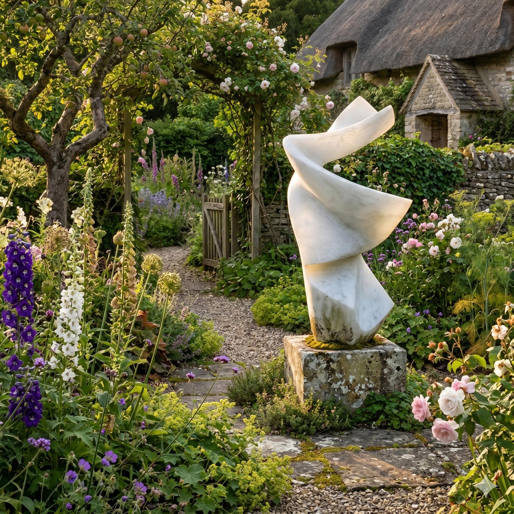 Abstract Twisted Form Marble Sculpture 80cm by Giant Sculptures, white spiralling stone on a weathered plinth in a cottage garden with roses and foxgloves.