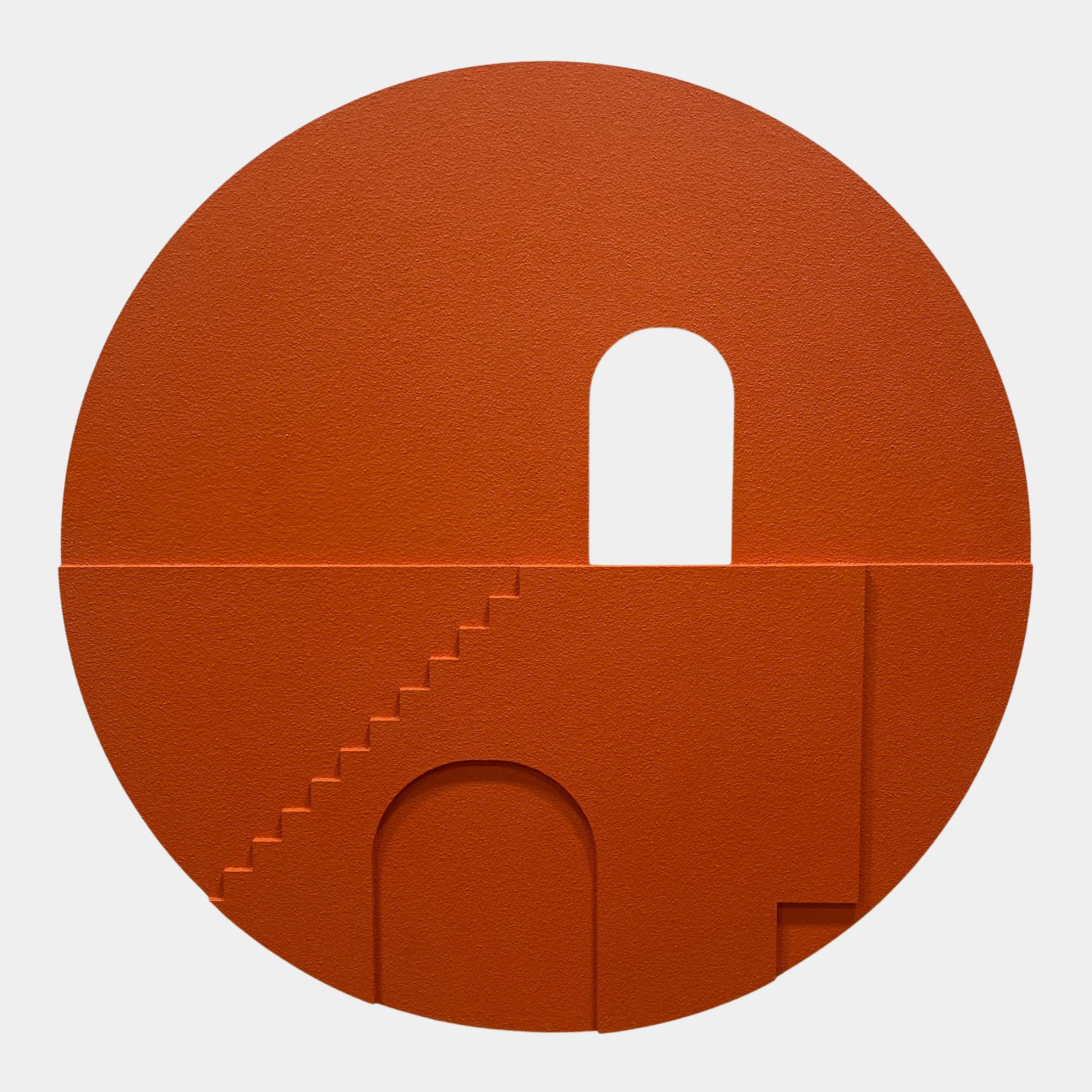 Arcuza Terracotta III Wood Carving Sandstone 3D Wall Art by Giant Sculptures, a circular terracotta disc with arched cut-outs and carved staircase relief.