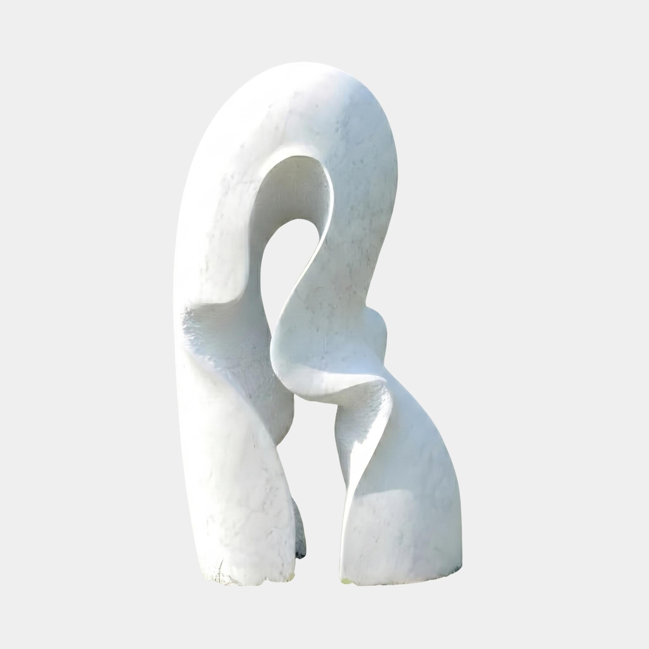 Abstract Intertwined Forms Marble Sculpture by Giant Sculptures, 80cm, with two looping white marble forms arching and twisting around each other on a plain background.
