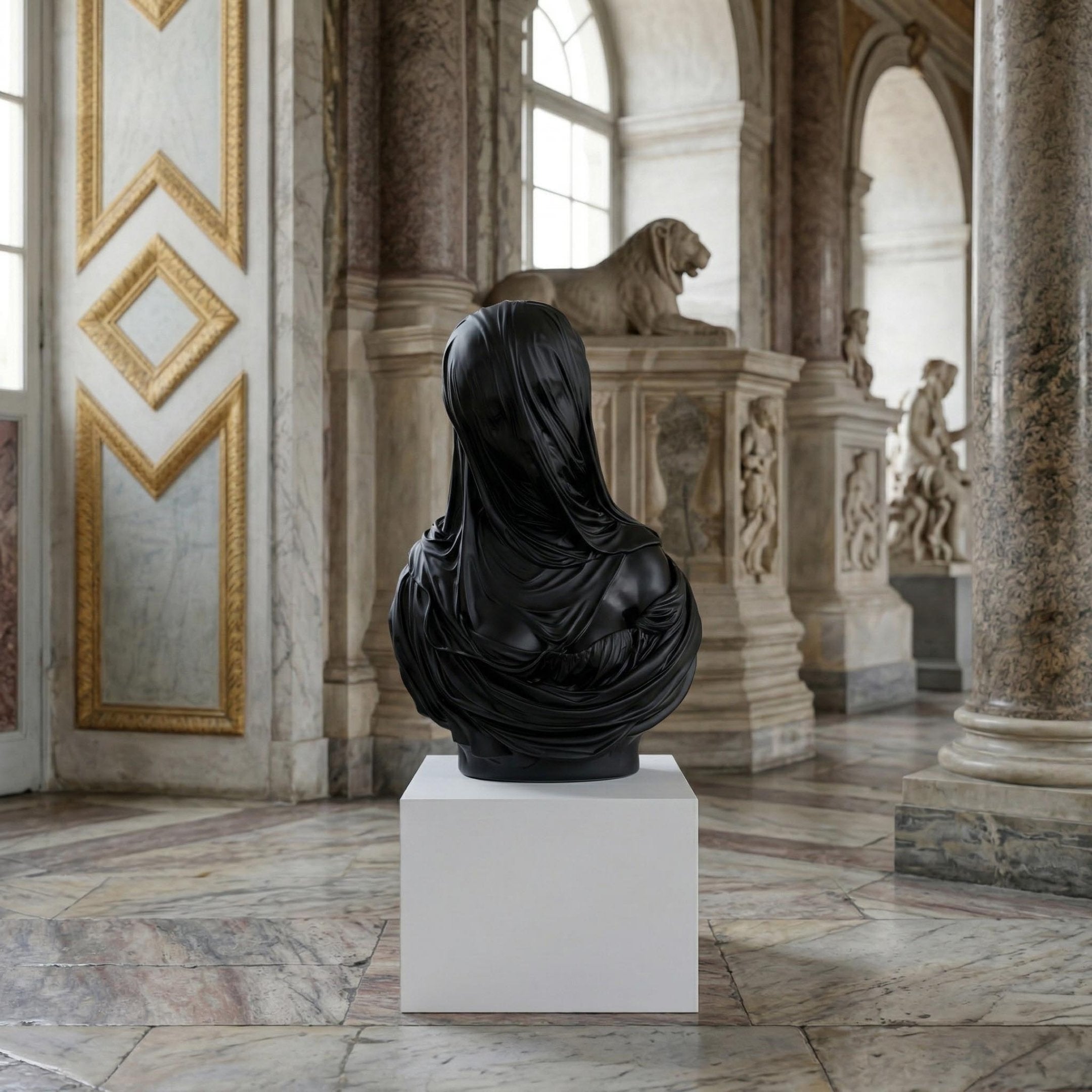 The Black Marble Veiled Figure Bust Sculpture (60cm) by Giant Sculptures stands on a white pedestal in a grand hall with marble floors, columns, and classical statues, illuminated by natural light through large windows.