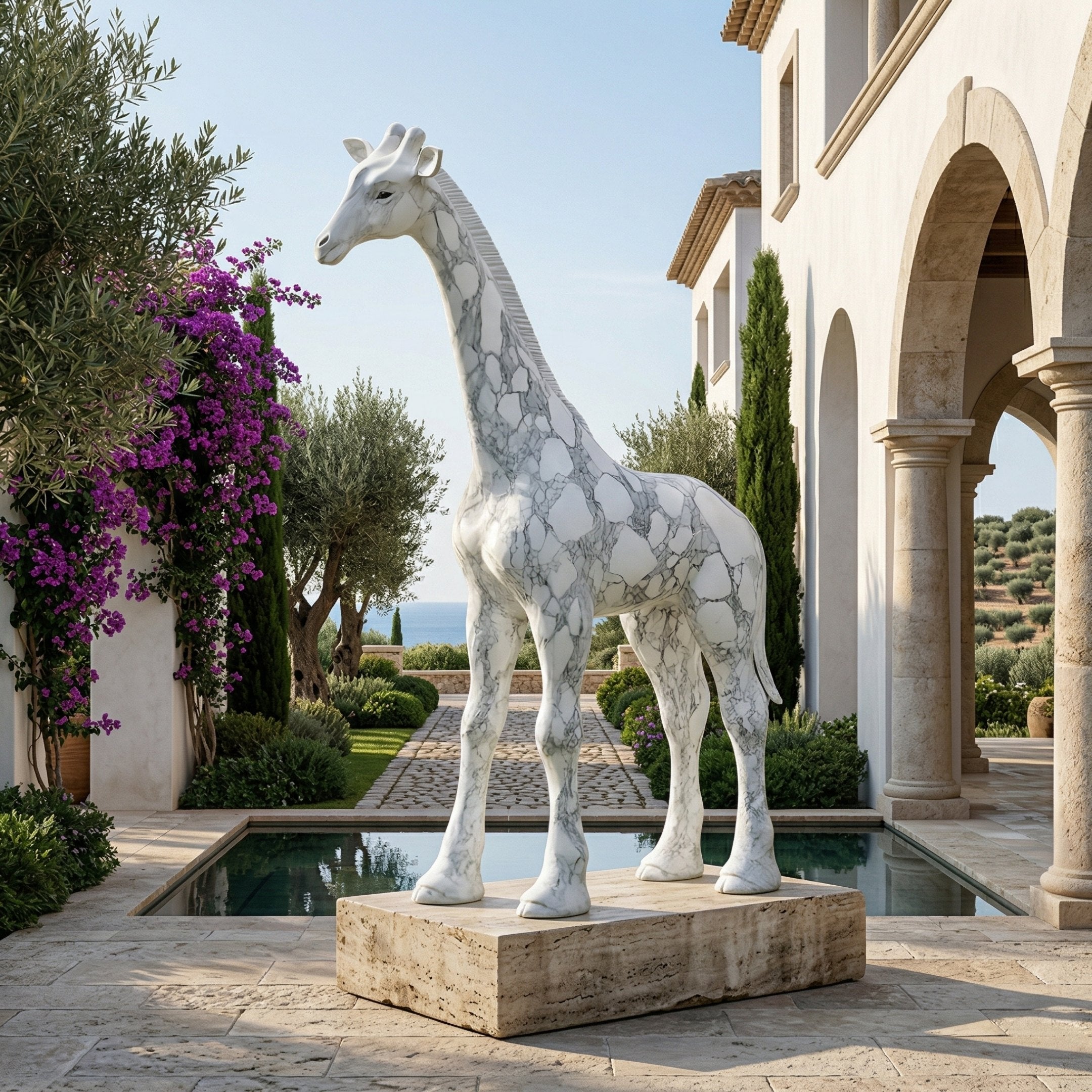 The Majestic Tower Giraffe White Marble Outdoor Sculpture (350cm) by Giant Sculptures stands on a stone pedestal beside a reflecting pool, surrounded by lush gardens, palm trees, and an elegant Mediterranean-style villa.