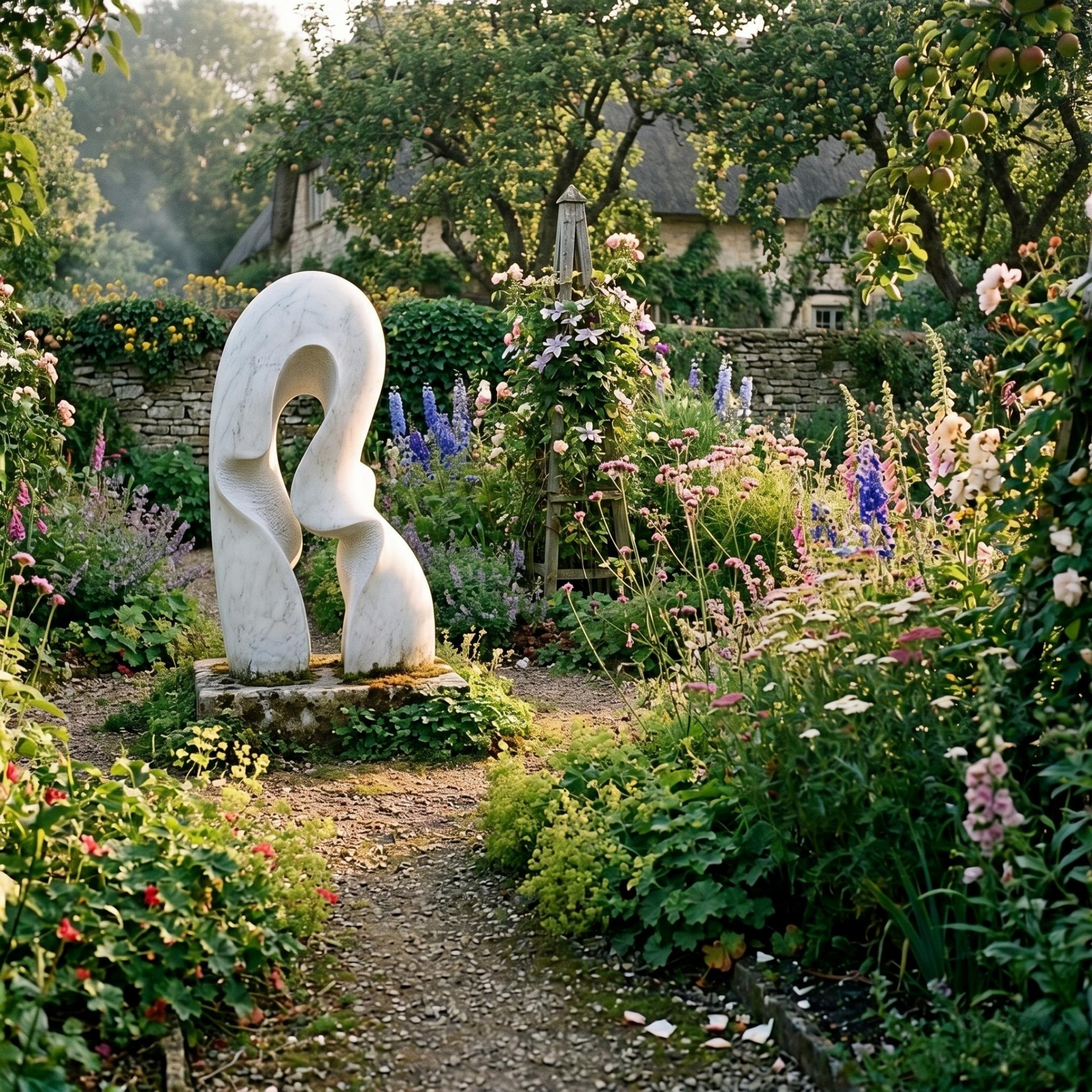 Giant Sculptures' 80cm Abstract Intertwined Forms Marble Sculpture in white, displayed on a stone base in a cottage garden with foxgloves, delphiniums, and roses.