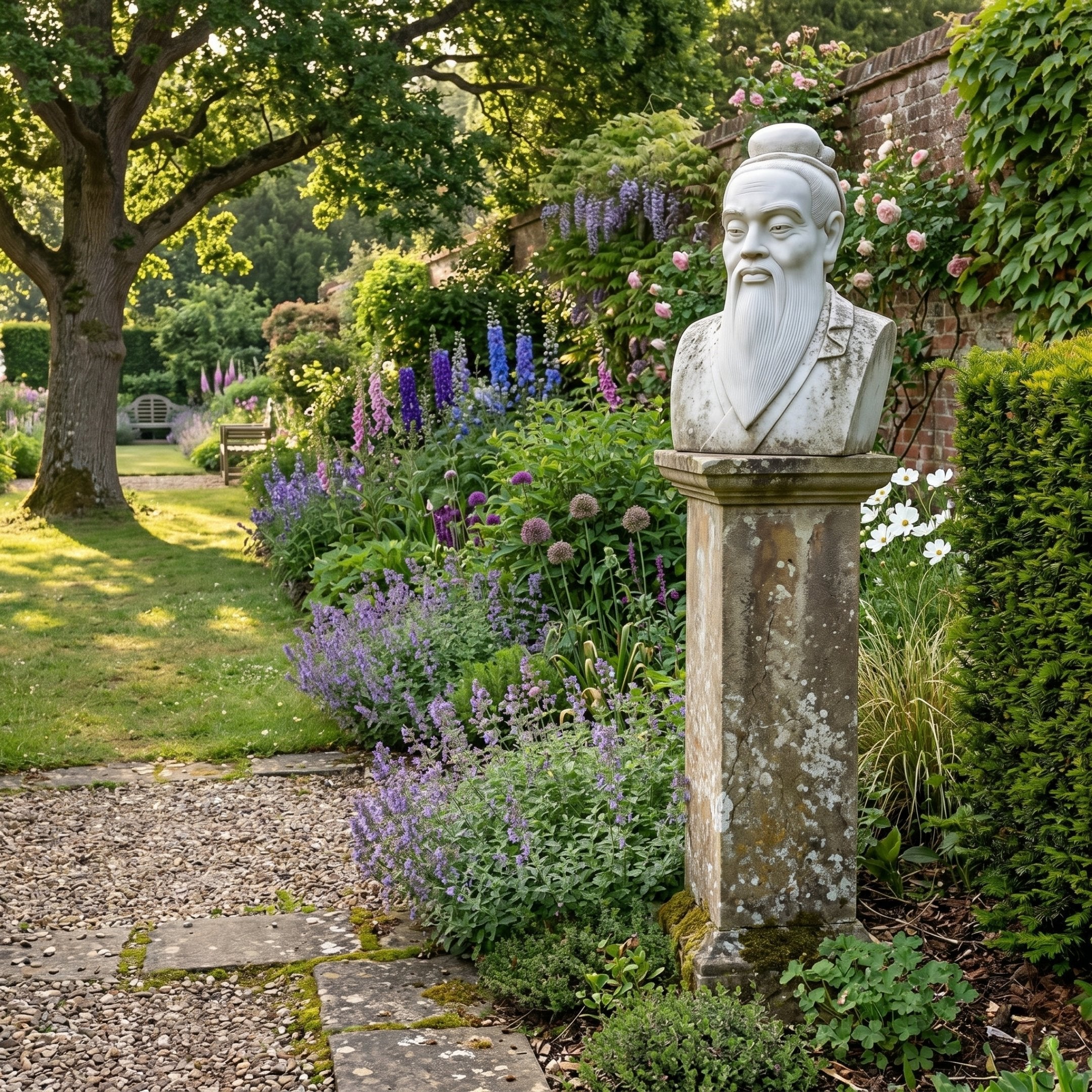 The Chinese Scholar Marble Bust Sculpture (50cm) by Giant Sculptures stands on a pedestal in a lush garden with flowering plants, shrubs, a large tree, and a brick wall and pathway in the background.
