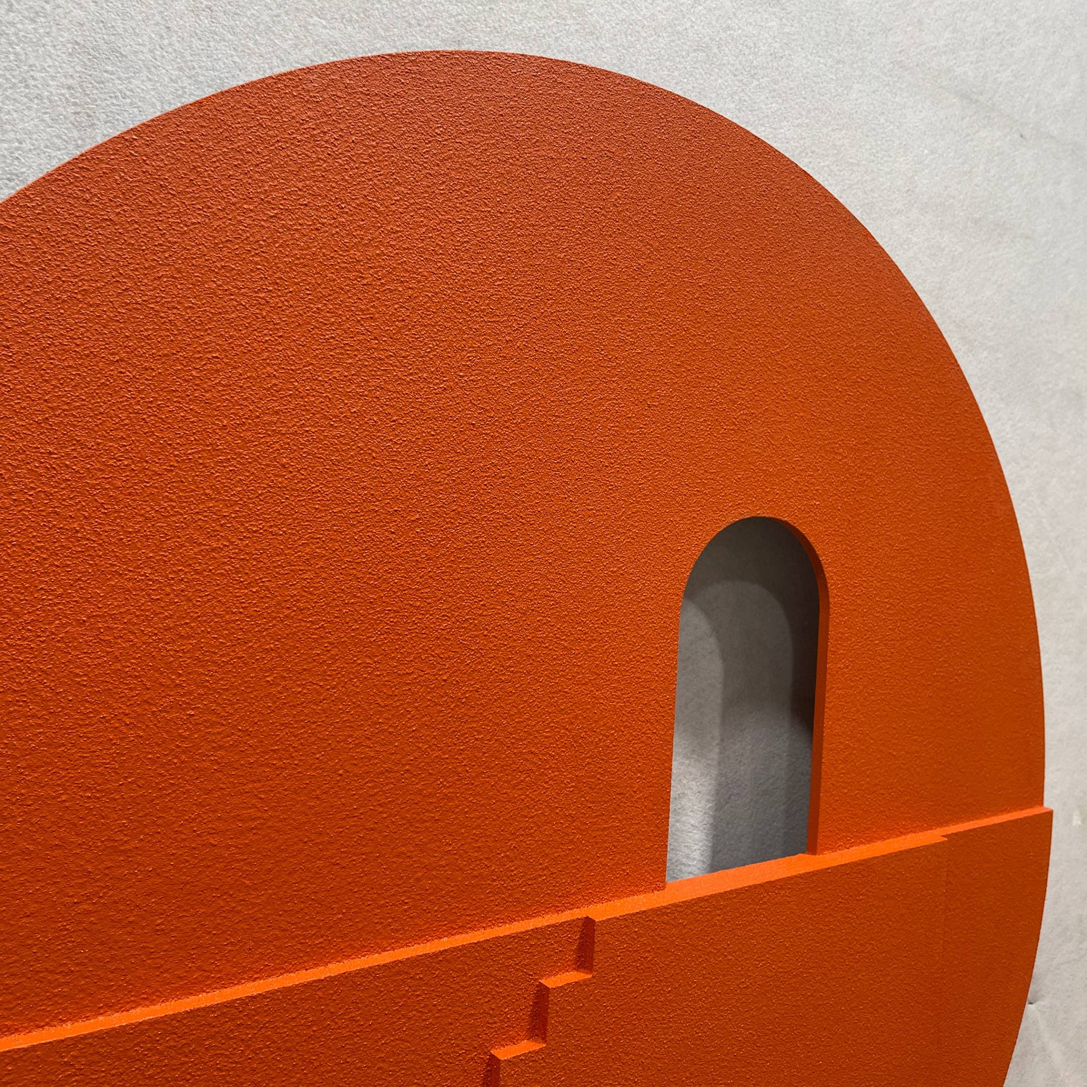 Close-up of the Arcuza Terracotta III Wood Carving Sandstone 3D Wall Art by Giant Sculptures, showing the textured matte surface and arched cut-out aperture.