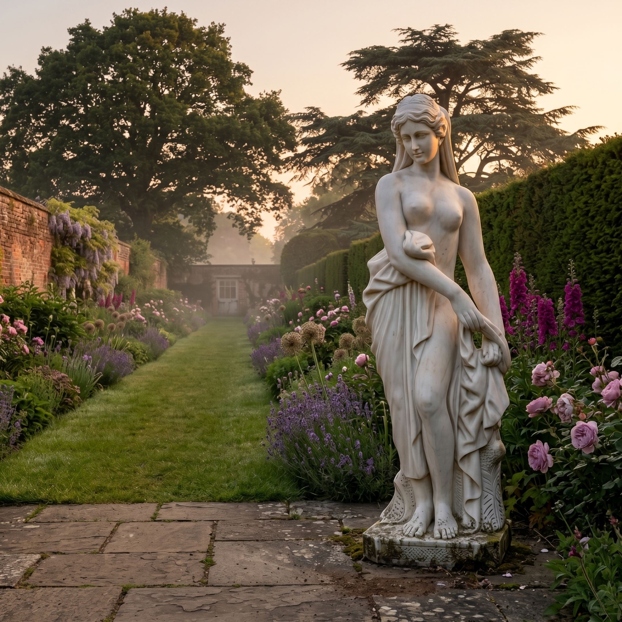 Venus Bathing Marble Sculpture 160cm by Giant Sculptures, standing on a stone path in a walled garden with roses, lavender, and foxgloves at dusk.