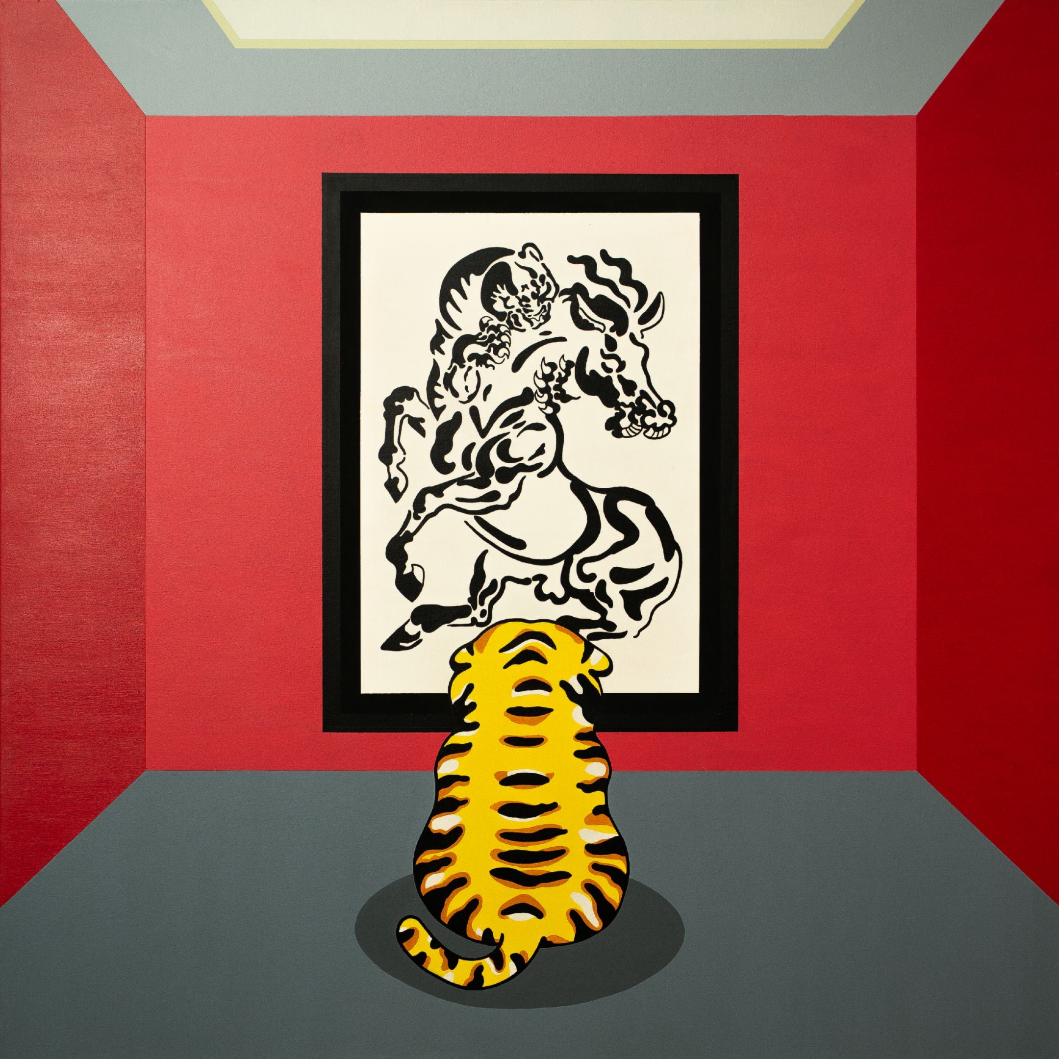 A tiger sits in front of a framed Tigerayu & Tawan Pop Art Canvas Painting by Giant Sculptures, on a red and gray wall. The acrylic artwork depicts a distorted, rearing horse in black and white. The geometrically styled room highlights both the canvas and the tiger.