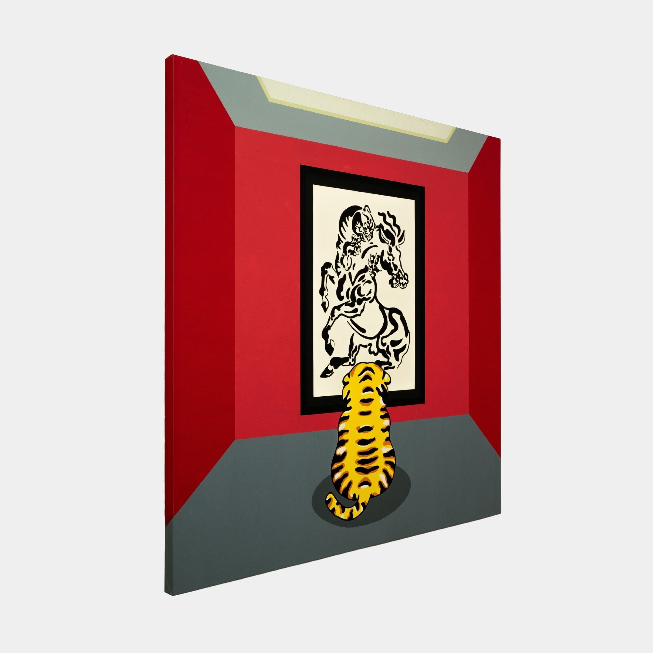 Tigerayu, a tiger from Giant Sculptures, sits on the gray floor in a room with red walls, gazing at the perfectly centered and framed Tigerayu & Tawan Pop Art Canvas Painting of a horse, adding vibrancy to the setting.
