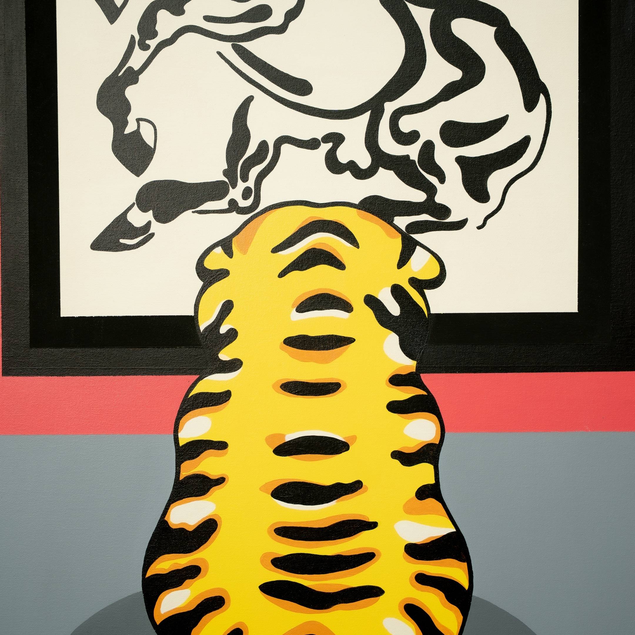 A cartoon tiger, Tigerayu & Tawan by Giant Sculptures, faces a Pop Art Canvas depicting an abstract black-and-white cow. The minimalist design features gray, red, and beige shades.