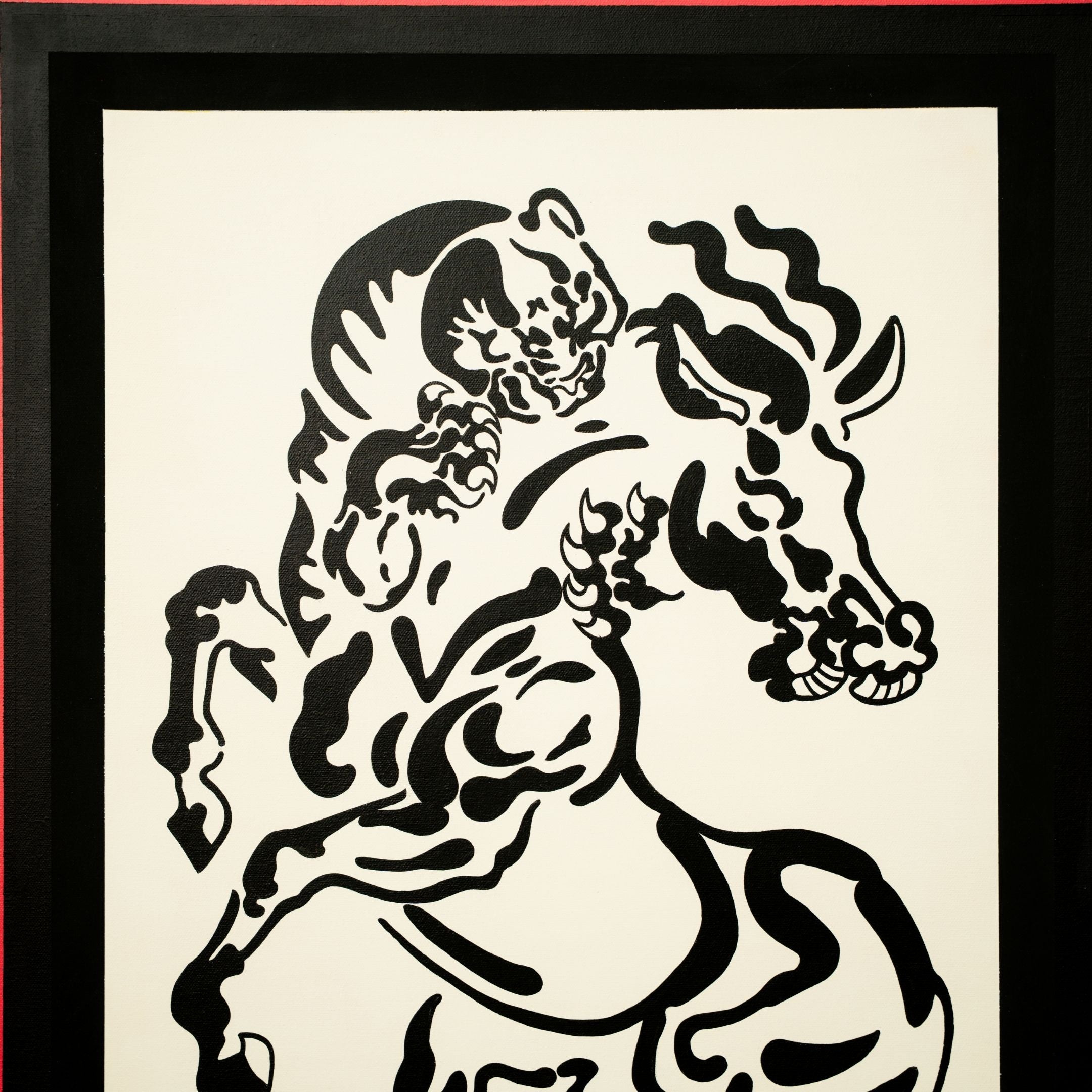 The Tigerayu & Tawan Pop Art Canvas Painting by Giant Sculptures showcases a black abstract depiction of a horse and tiger on a fluid, wavy-lined white background. Bold shapes enhance the intertwined design, framed in black for a dramatic effect.