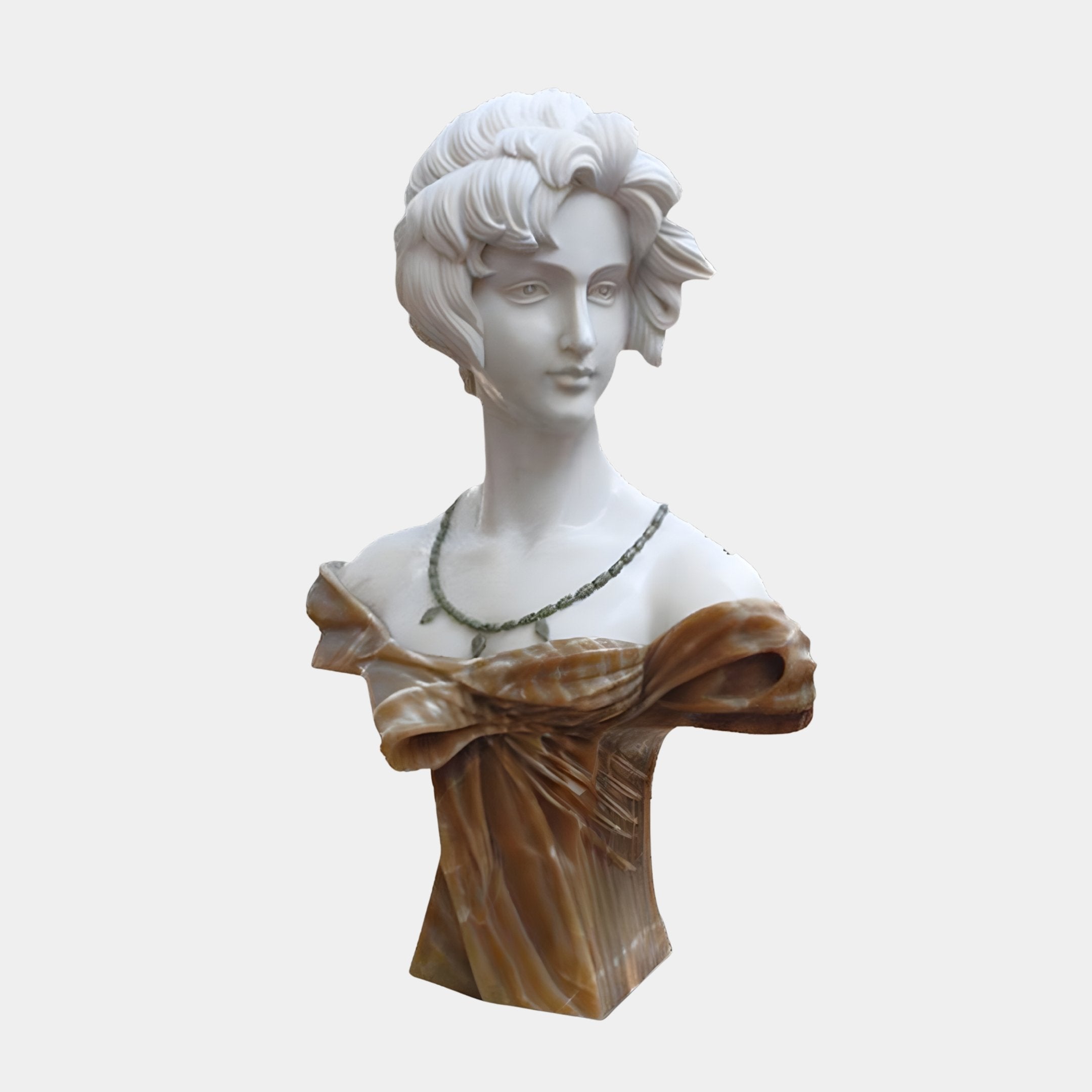 The Elegant Lady Marble Bust Sculpture - 60cm by Giant Sculptures showcases a wavy-haired lady in an off-shoulder dress with a beaded necklace, expertly crafted from marble and set against a plain background.