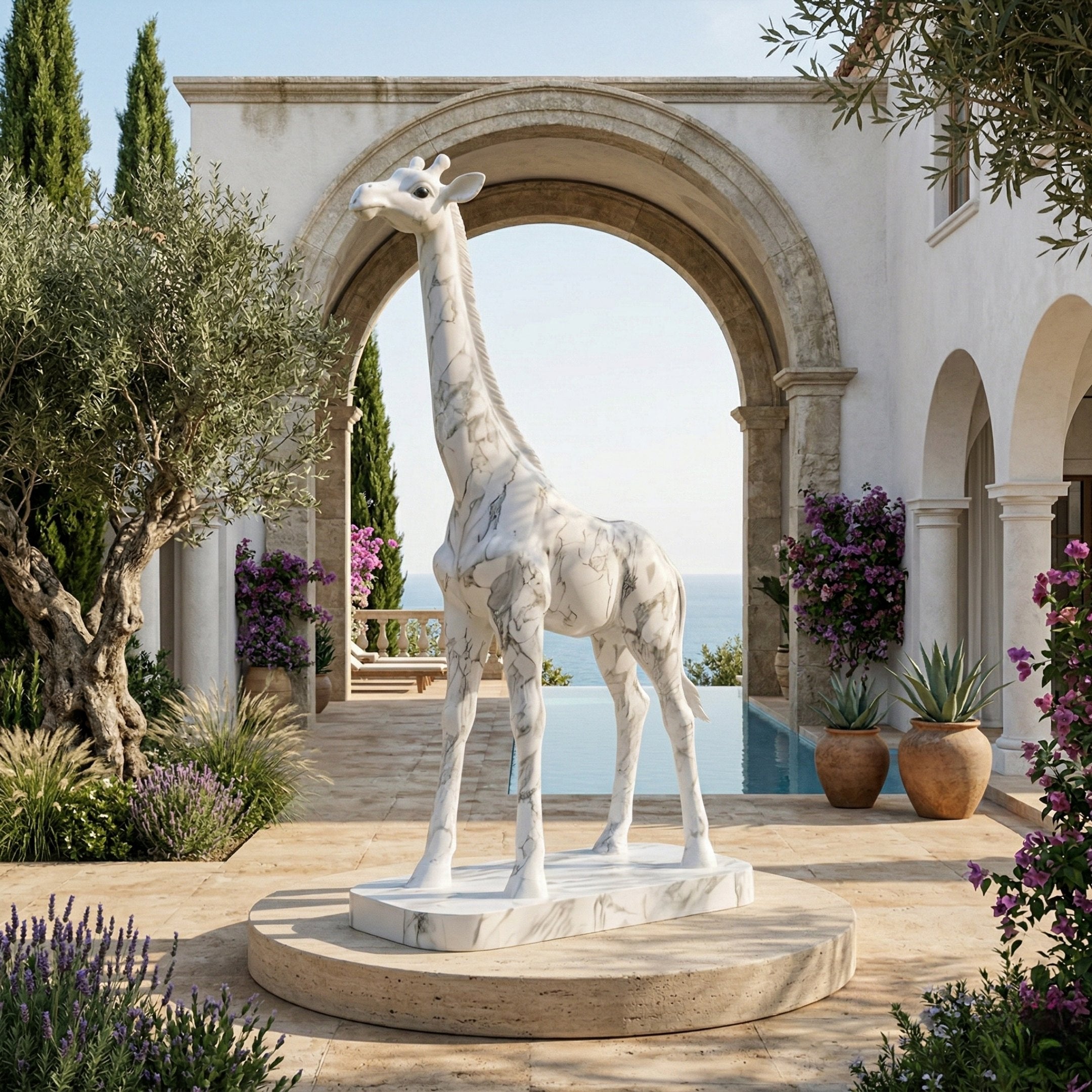 The Graceful Giraffe White Marble Outdoor Sculpture - 350cm by Giant Sculptures stands on a circular platform in a Mediterranean courtyard with arched architecture, potted plants, lush greenery, and a sea view—a stunning garden feature.