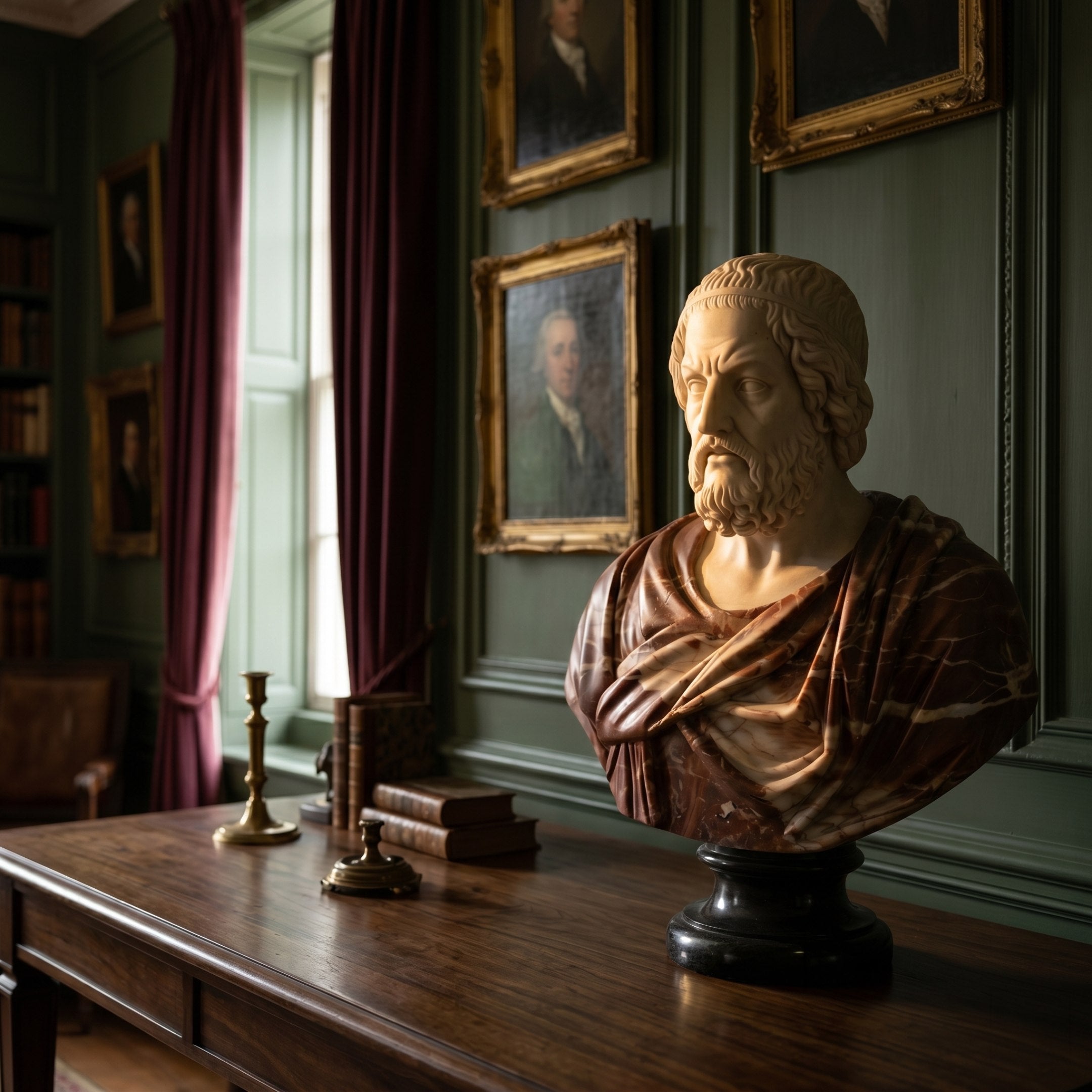 The Greek Philosopher Marble Bust Sculpture - 90cm by Giant Sculptures sits on a wooden desk in a classic study, surrounded by books and candlesticks, with green-paneled walls and sunlight streaming through tall windows.