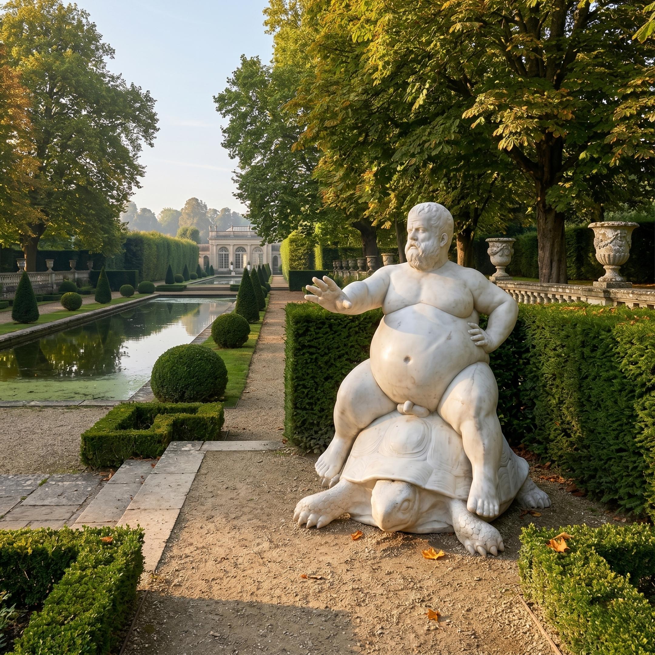 Cherub on Tortoise Marble Sculpture by Giant Sculptures, 100cm white marble figure of a bearded cherub seated on a tortoise, displayed on a formal garden path beside a reflecting pool.