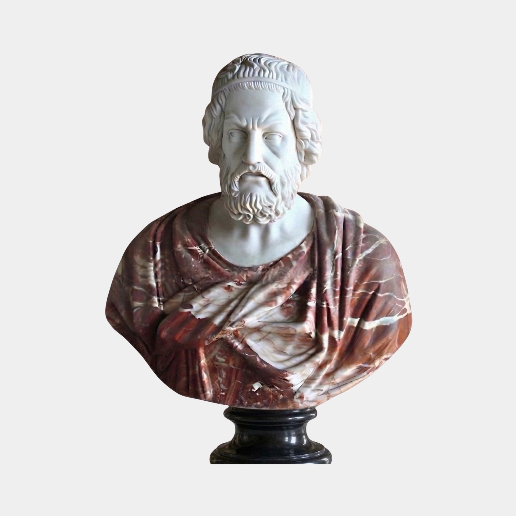 The Greek Philosopher Marble Bust Sculpture - 90cm by Giant Sculptures features a bearded man with wavy hair and detailed robe, crafted from white and reddish-brown marble for an elegant classical look.