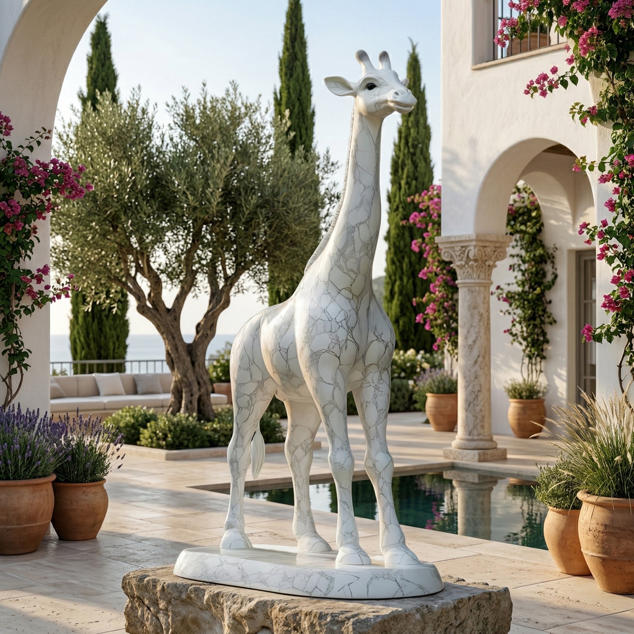 The Regal Giraffe White Marble Outdoor Sculpture by Giant Sculptures (350cm) stands on a stone base in a Mediterranean courtyard with potted plants, flowers, tall trees, and an arched building beside a pool.