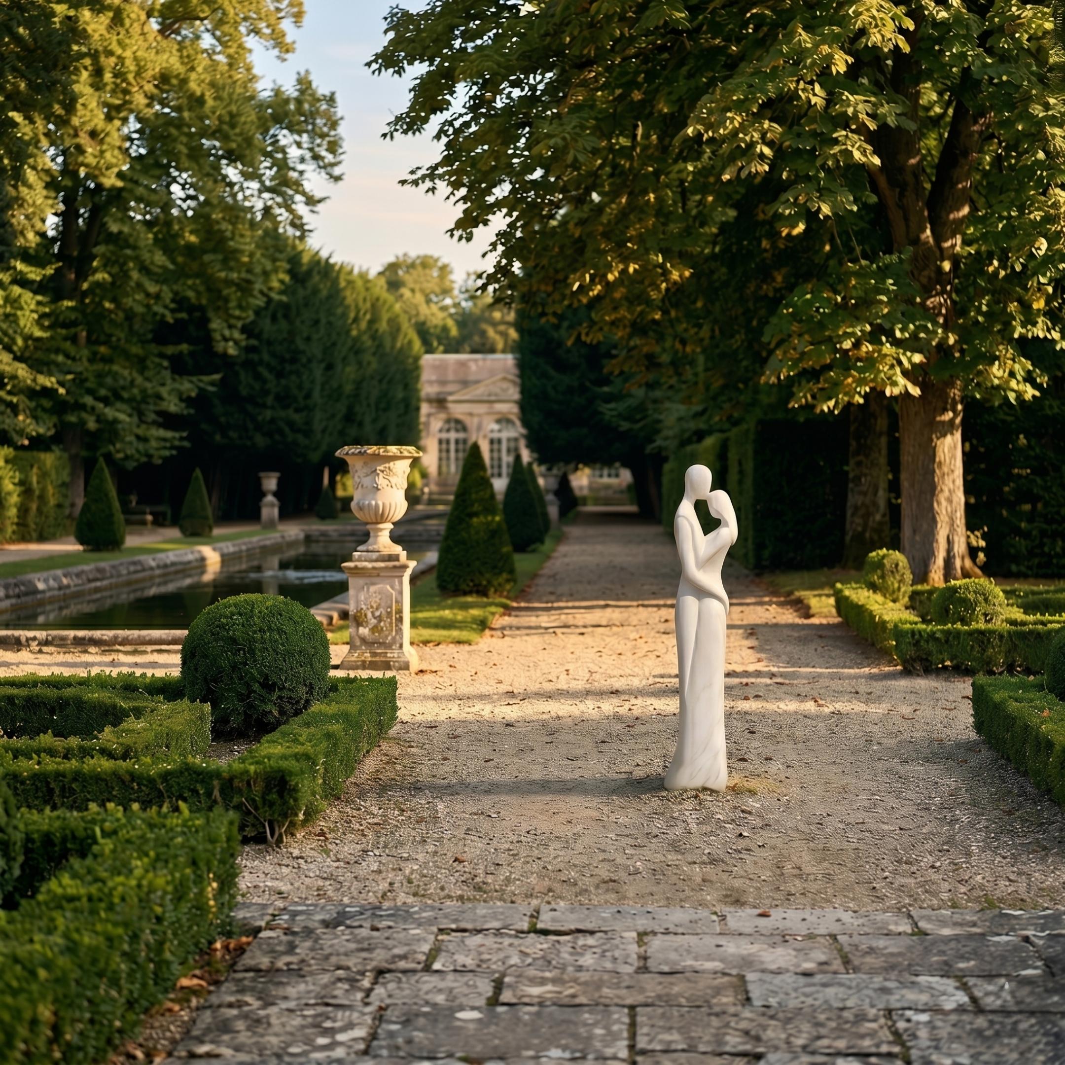 Abstract Kissing Couple Marble Sculpture by Giant Sculptures, 120cm white marble figures embracing on a gravel path in a formal garden with topiary and pond.