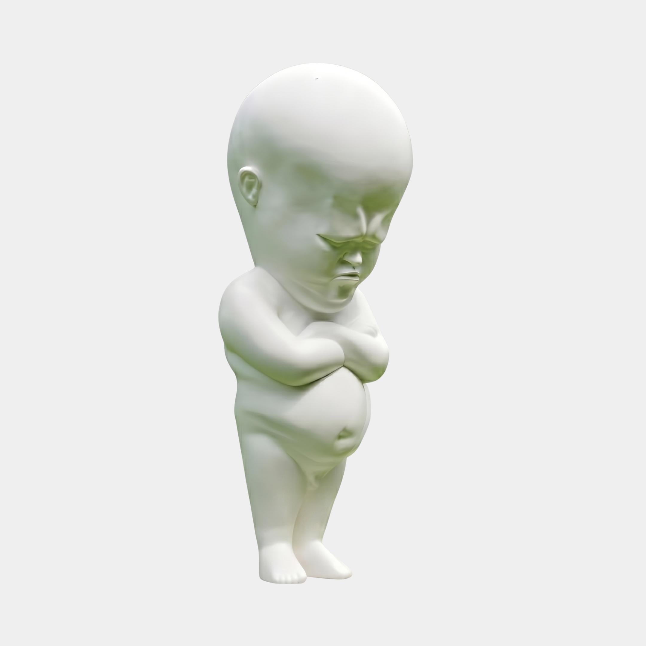 Grumpy Baby Marble Sculpture by Giant Sculptures, 100cm white marble figure of a scowling baby with arms folded across its belly, shown against a light grey background.