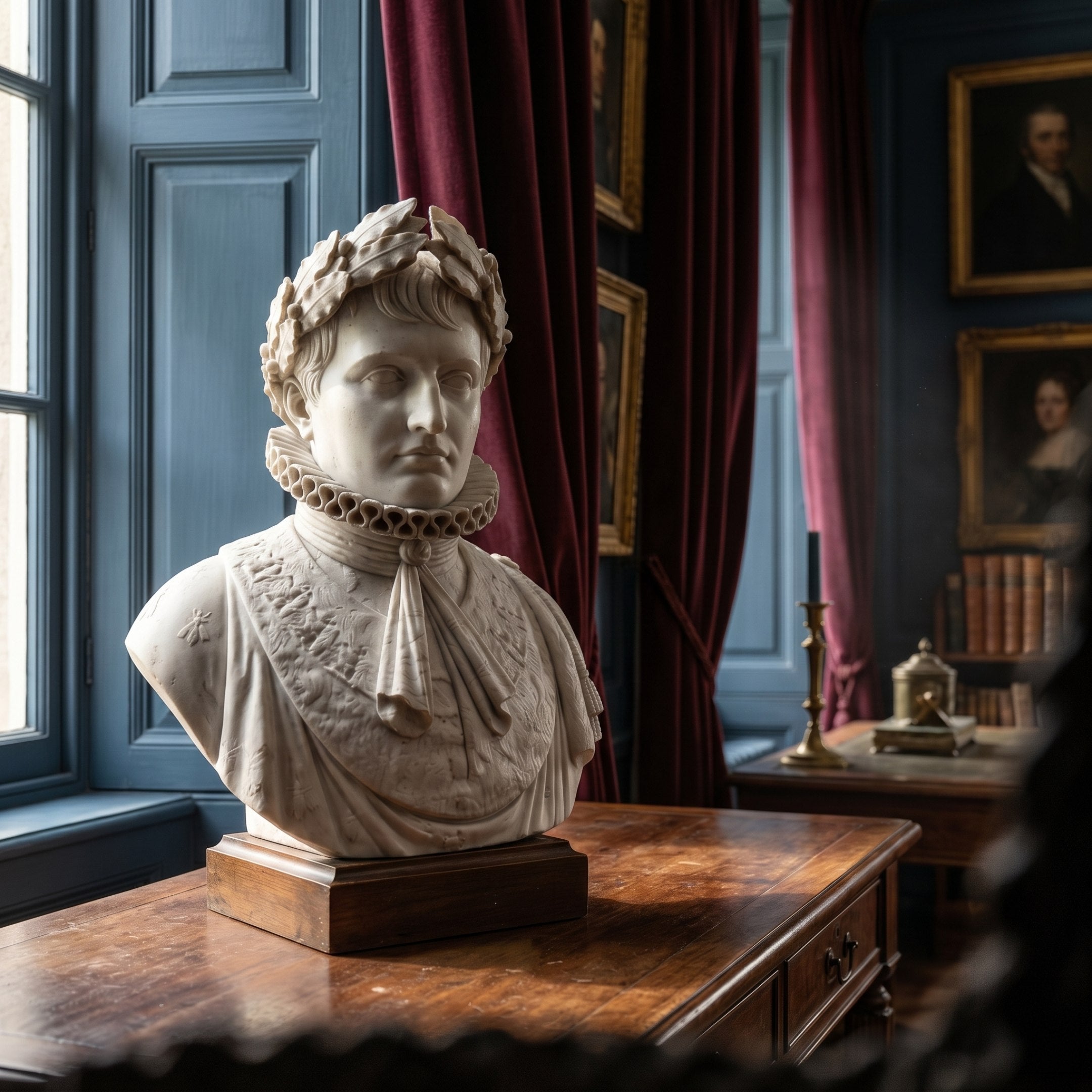 The Imperial Marble Bust Sculpture - 75cm by Giant Sculptures sits on a wooden table in an elegant room with blue paneled walls, red curtains, and framed portraits.