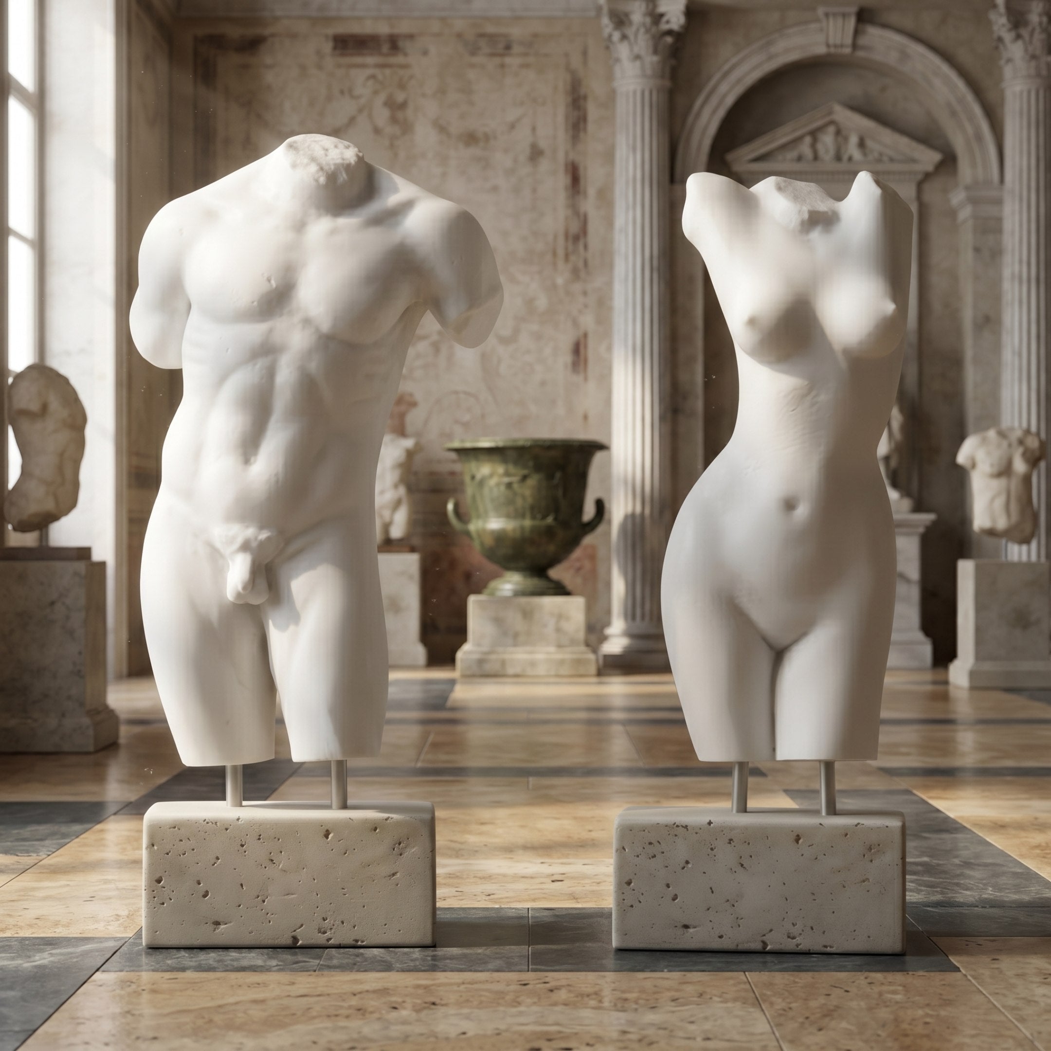 The Male & Female Marble Torso Sculpture Set - 100cm by Giant Sculptures is displayed on stone pedestals in a grand, sunlit museum hall with elegant columns and ancient artwork in the background.