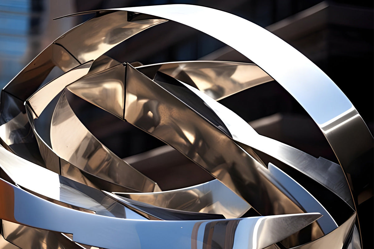 A metallic abstract sculpture composed of curved, reflective ribbons intertwining and twisting in various directions, set against a blurred urban background. The shiny surface reflects light, creating a dynamic and fluid appearance.