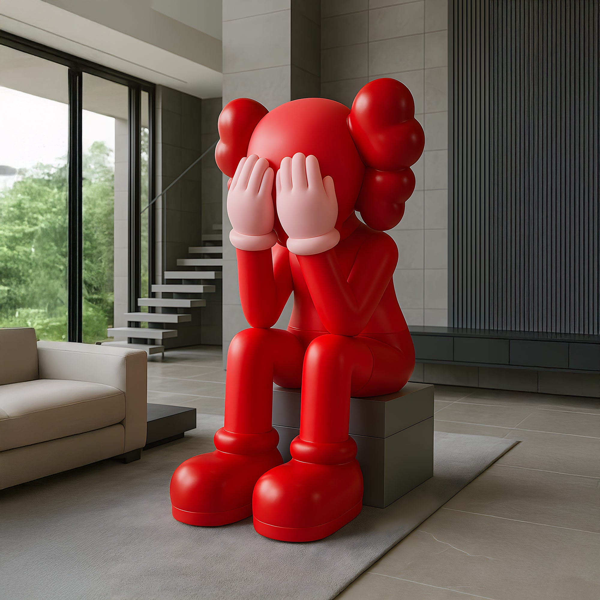 The Blush Ruby Iconify Melancholy Sitting Sculpture by Giant Sculptures depicts a figure with crossed bones on its head, covering its eyes, seated on a cube in a modern space. A staircase, green view, and beige sofa nearby highlight the contemporary minimalism of this premium 70cm resin piece.