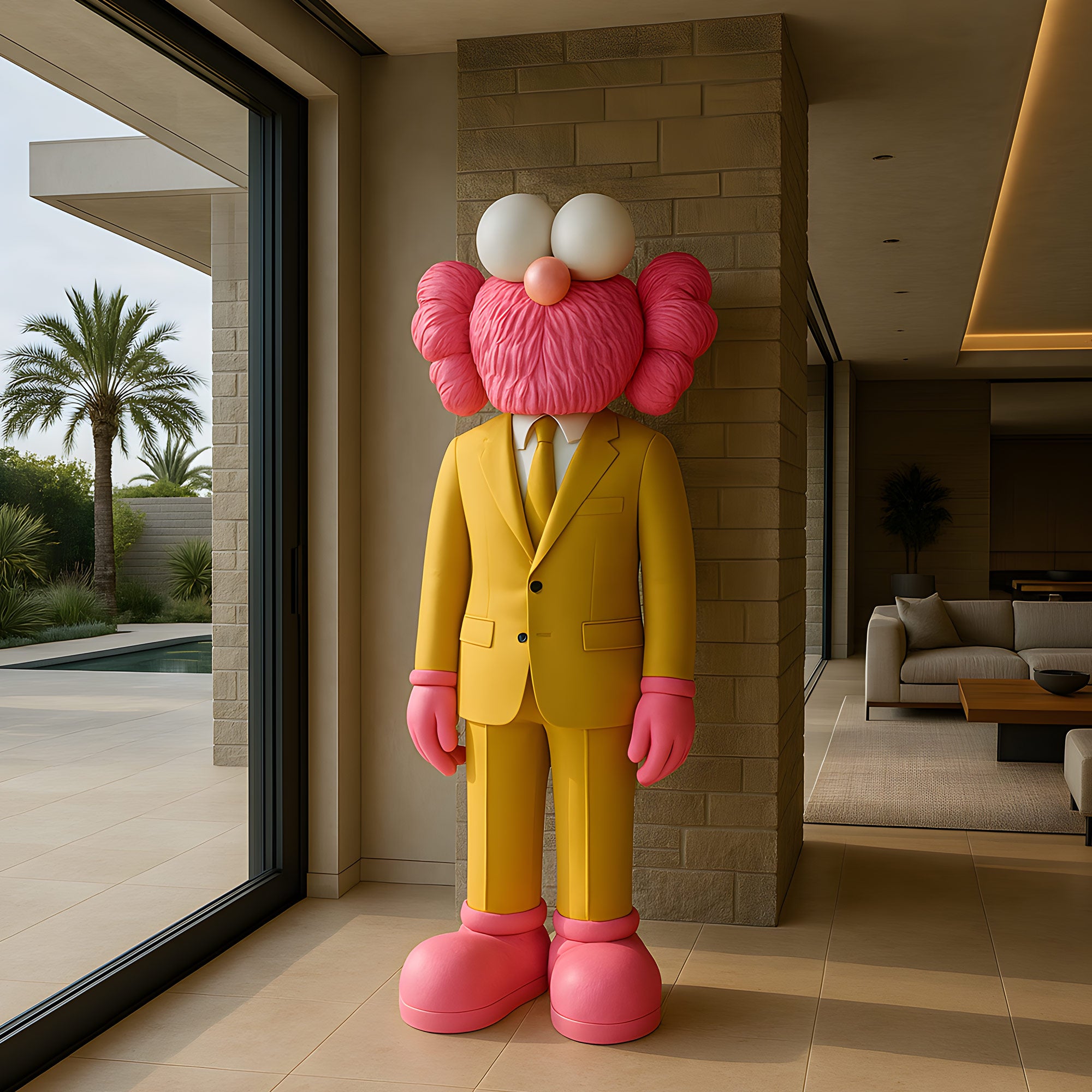 The Sunbeam Yellow Suit Iconify CEO Sculpture by Giant Sculptures stands whimsically in a modern room with large windows, overlooking a patio adorned with palm trees and a shimmering pool.
