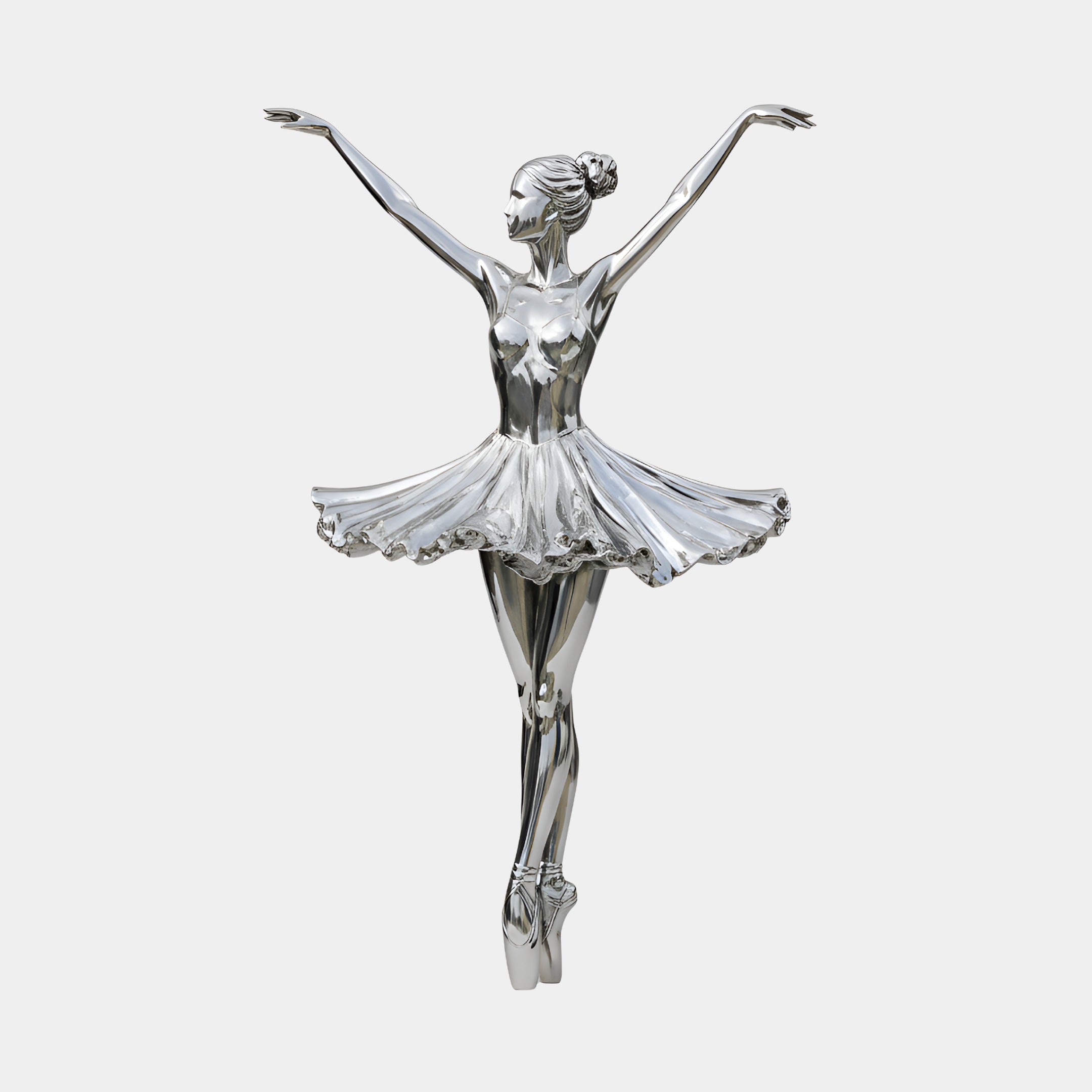 The Grace Silver Ballet Steel Sculpture by Giant Sculptures stands 180cm tall, depicting a ballerina en pointe with raised arms and a flared tutu in a shiny, polished metallic finish against a plain white background.