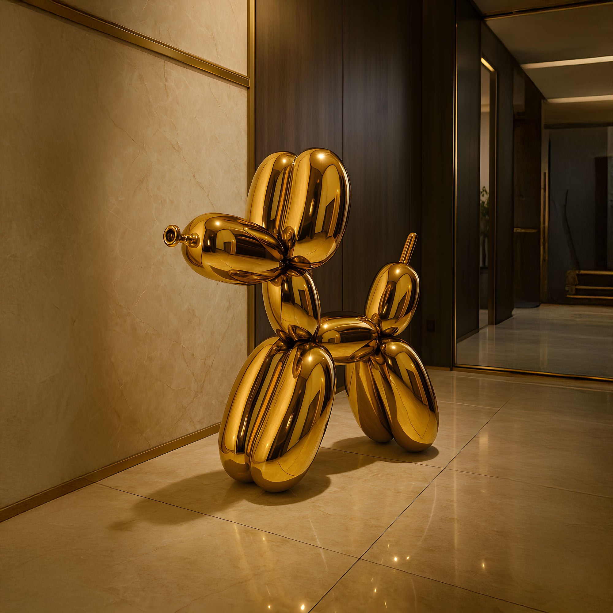 The 80cm Gilded Gold Balloon Dog Sculpture by Giant Sculptures stands majestically in a modern interior, its reflective surface capturing the elegance of polished marble floors and sleek wooden wall accents.