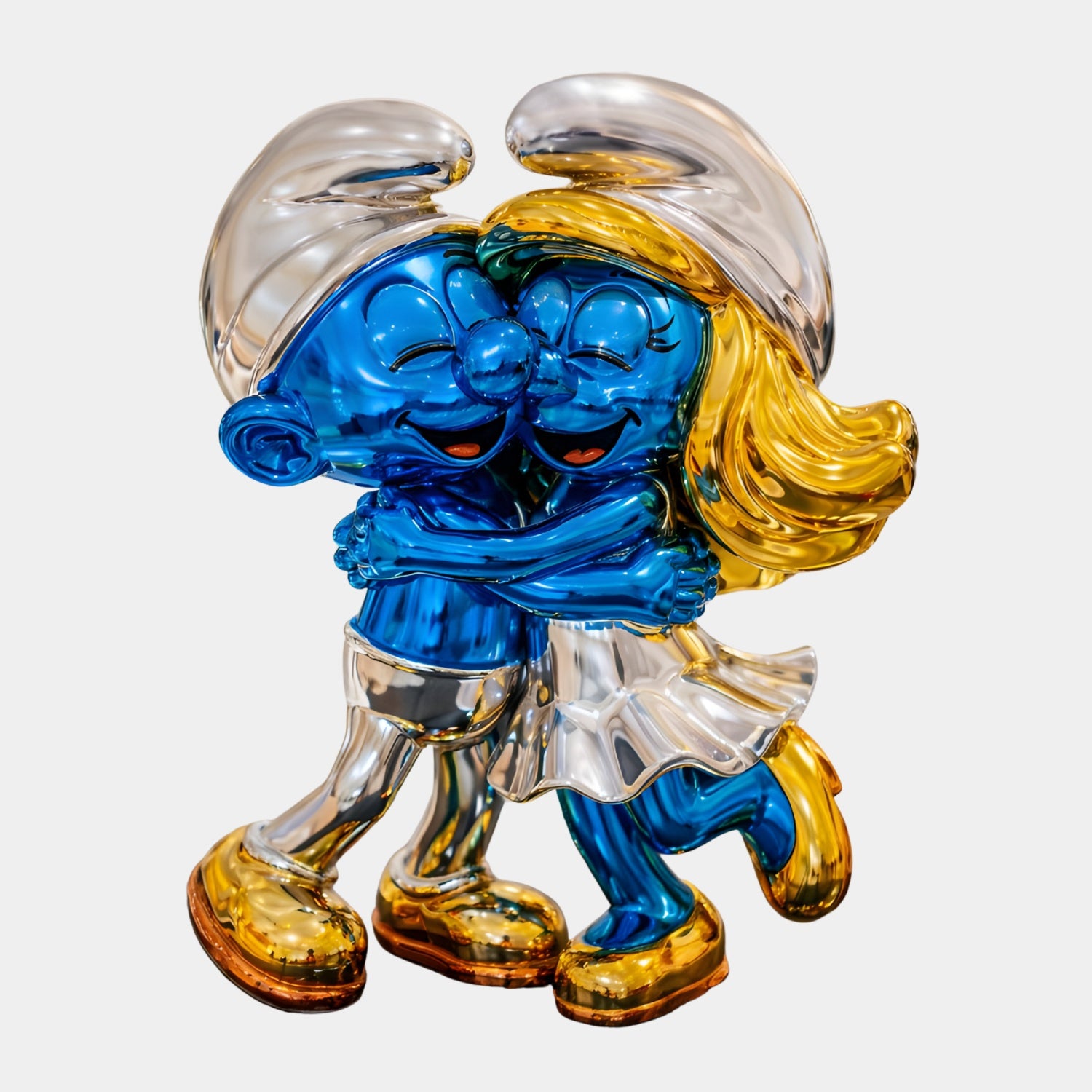 The Smurf Couple Hugging Embrace Statue (40cm) by Giant Sculptures is a shiny fiberglass collectible featuring two blue cartoon figures with metallic hats and shoes—one with short hair, the other long yellow hair—radiating joy.