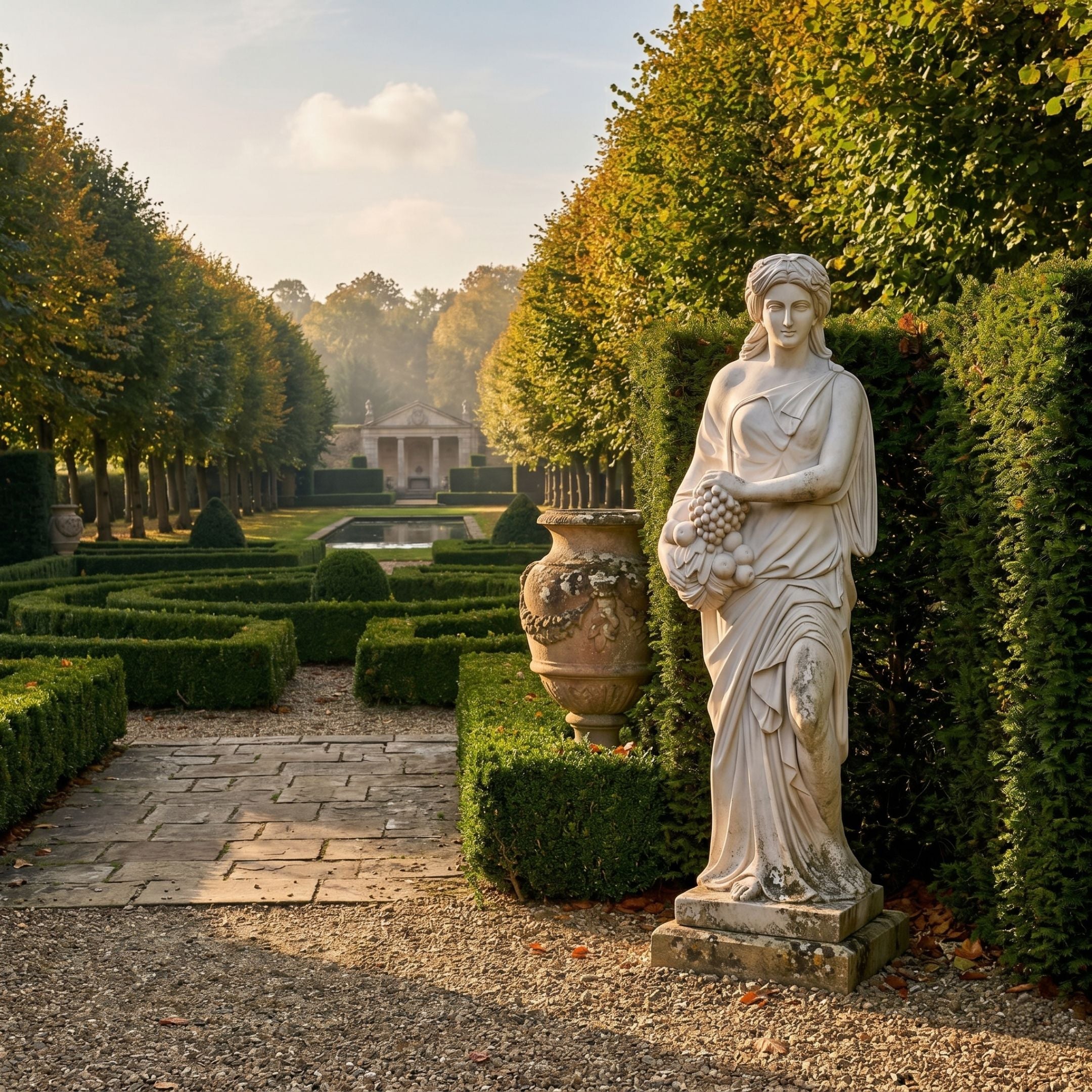 Giant Sculptures Spring Maiden Marble Sculpture 160cm holding fruit, set beside a clipped hedge in a formal garden with urn, reflecting pool, and pavilion.
