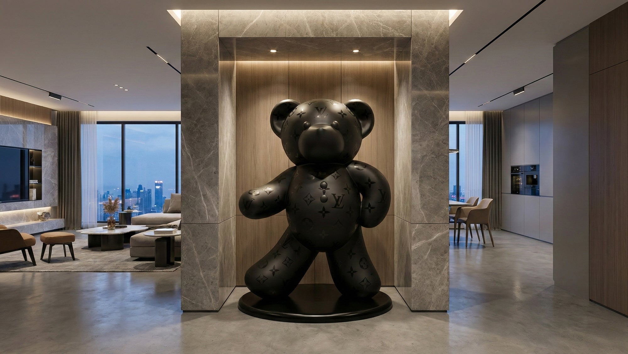 Large black LV gacko bear sculpture in a modern living room with cityscape view.