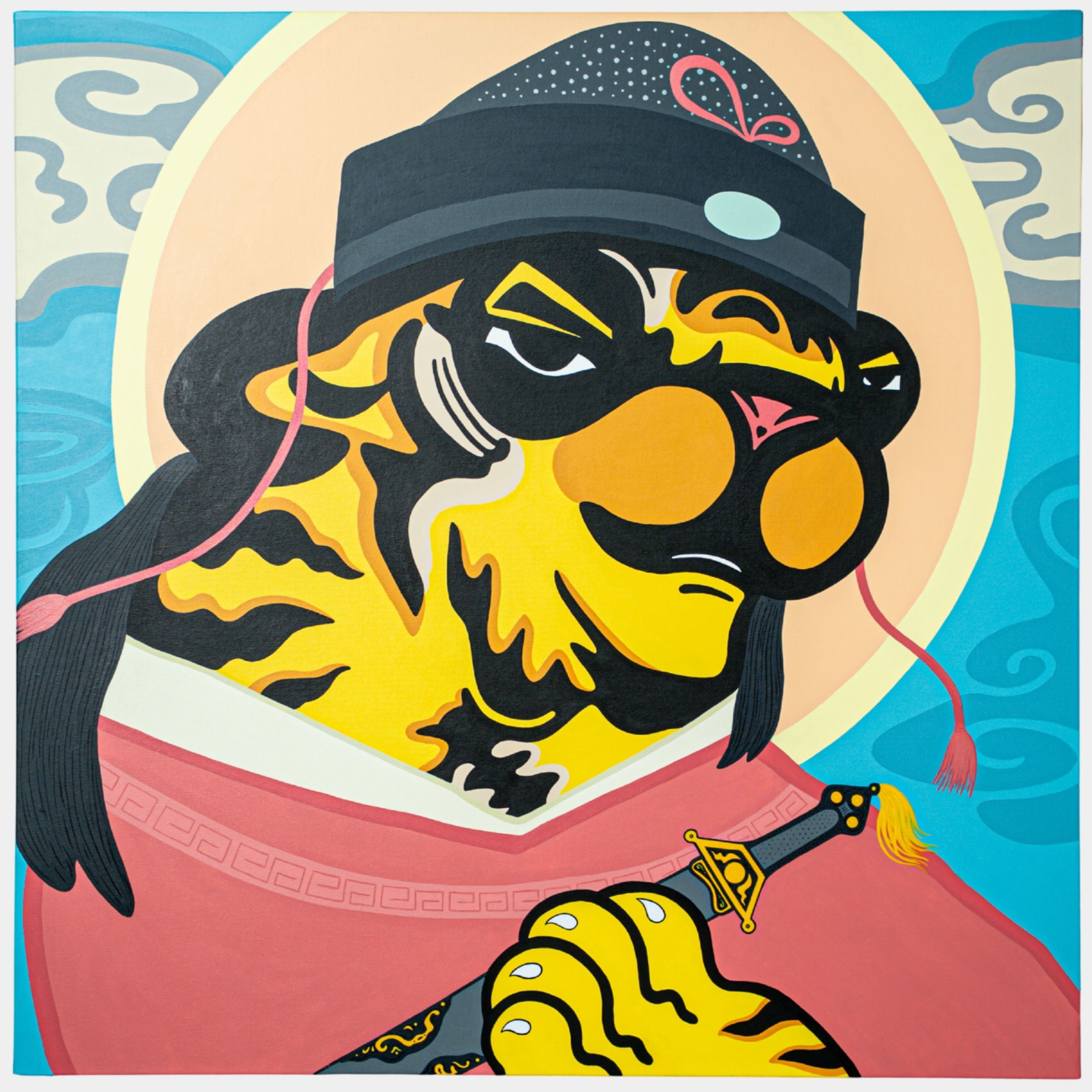 The Jun Jaow Tiger Pop Art Canvas Painting by Giant Sculptures features a tiger in traditional attire and sunglasses, holding a sword, with clouds and circular designs, all on premium canvas.