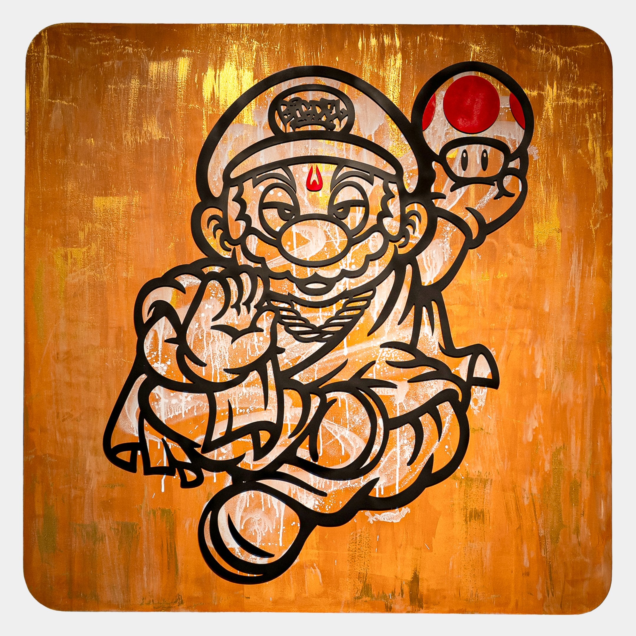 The Prophet Canvas 3D Wall Art by Giant Sculptures features a stylized line drawing of Mario as a monk holding a red-and-white mushroom on a textured gold background, capturing his peaceful expression and flowing robe in motion.