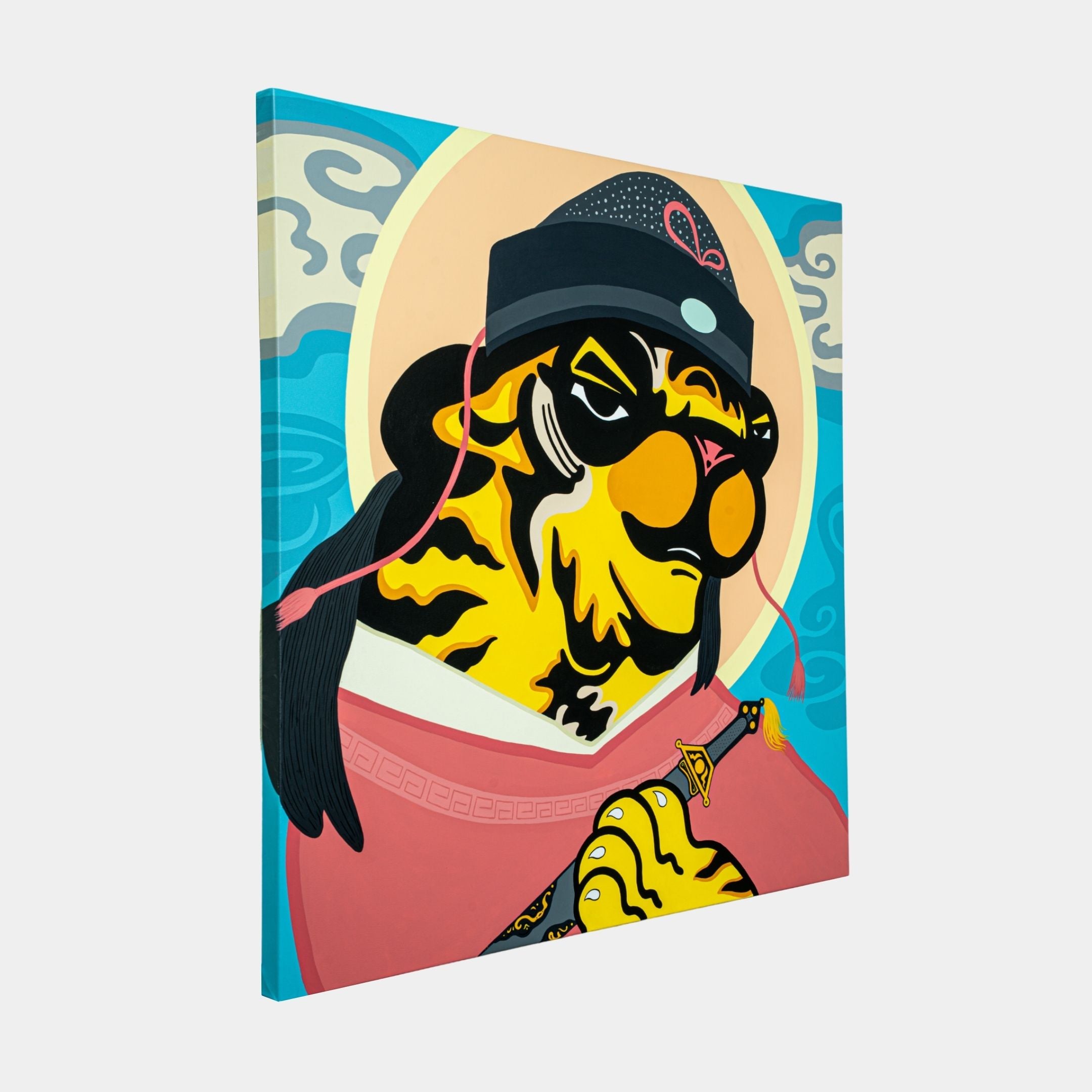 The Jun Jaow Tiger Pop Art Canvas Painting by Giant Sculptures features a stylized yellow and black tiger in traditional Asian attire, with a black hat and sunglasses holding a scroll, set against a teal background with cloud patterns and a yellow-orange halo.