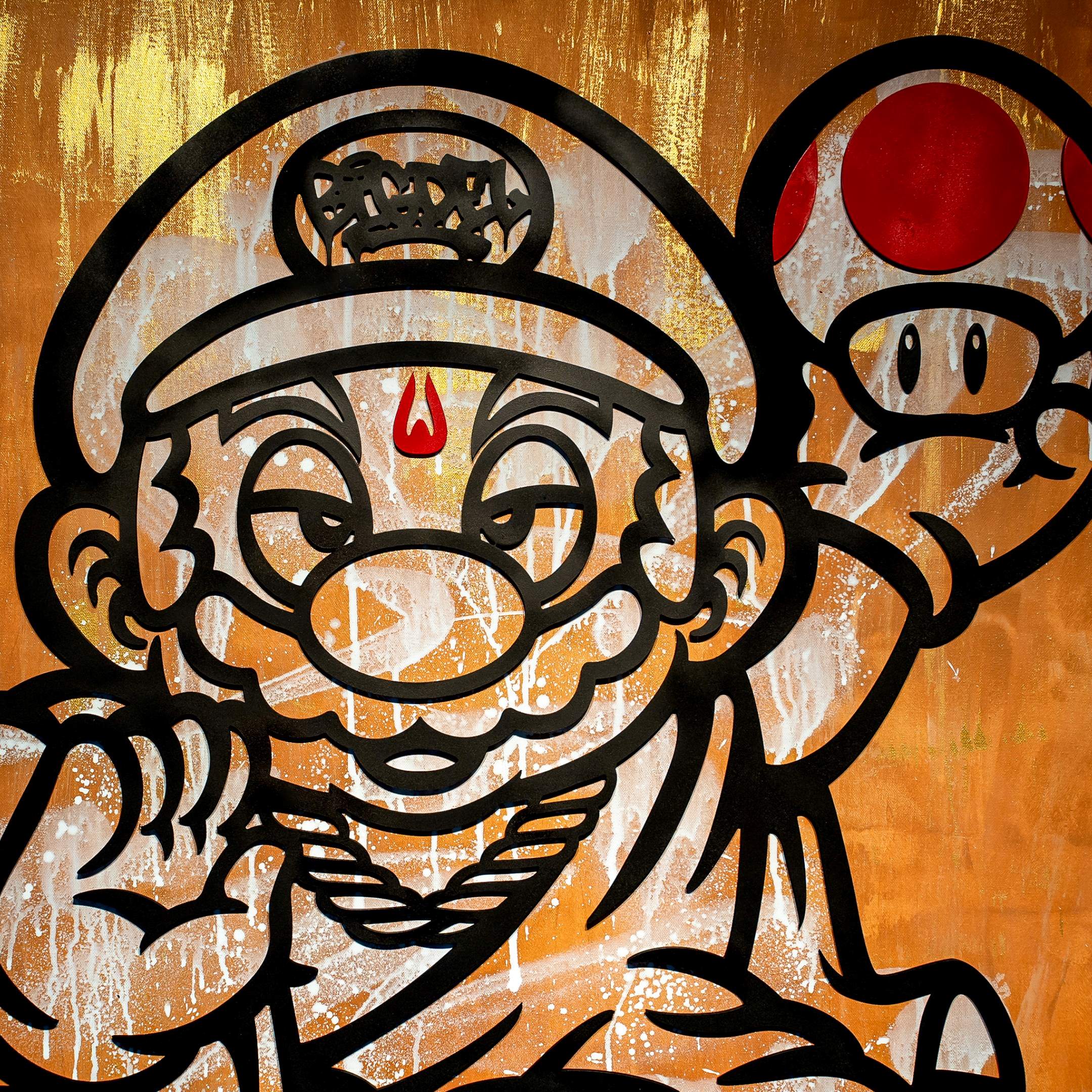 The Prophet Canvas 3D Wall Art by Giant Sculptures features graffiti-inspired pop art with a cartoon plumber and red-and-white mushroom. A gold-splattered background adds bold, eye-catching style to this unique piece.