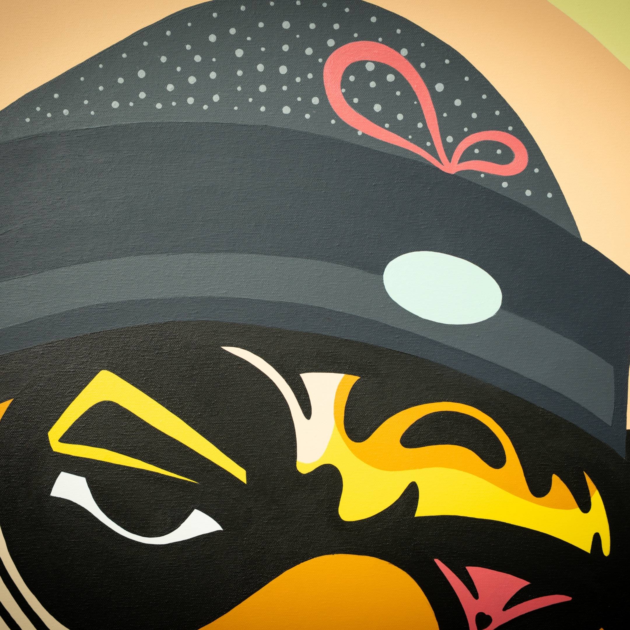 The Jun Jaow Tiger Pop Art Canvas Painting by Giant Sculptures features a stylized face with bold lines, vibrant colors, and an expressive acrylic design. It showcases a dotted texture and includes a hat with a red ribbon reminiscent of dynamic pop art.