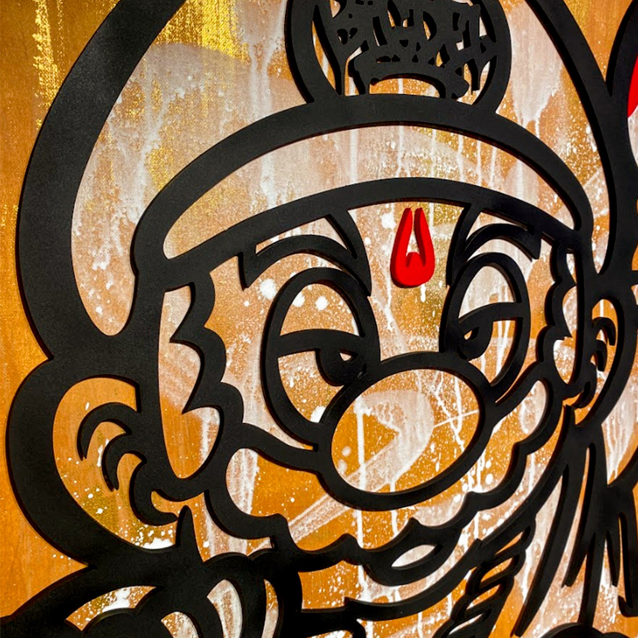 Close-up of The Prophet Canvas 3D Wall Art by Giant Sculptures, featuring bold black-outlined graffiti of a cartoon face with a red forehead mark and yellow-white paint-splattered background—ideal pop culture-inspired wall decor.