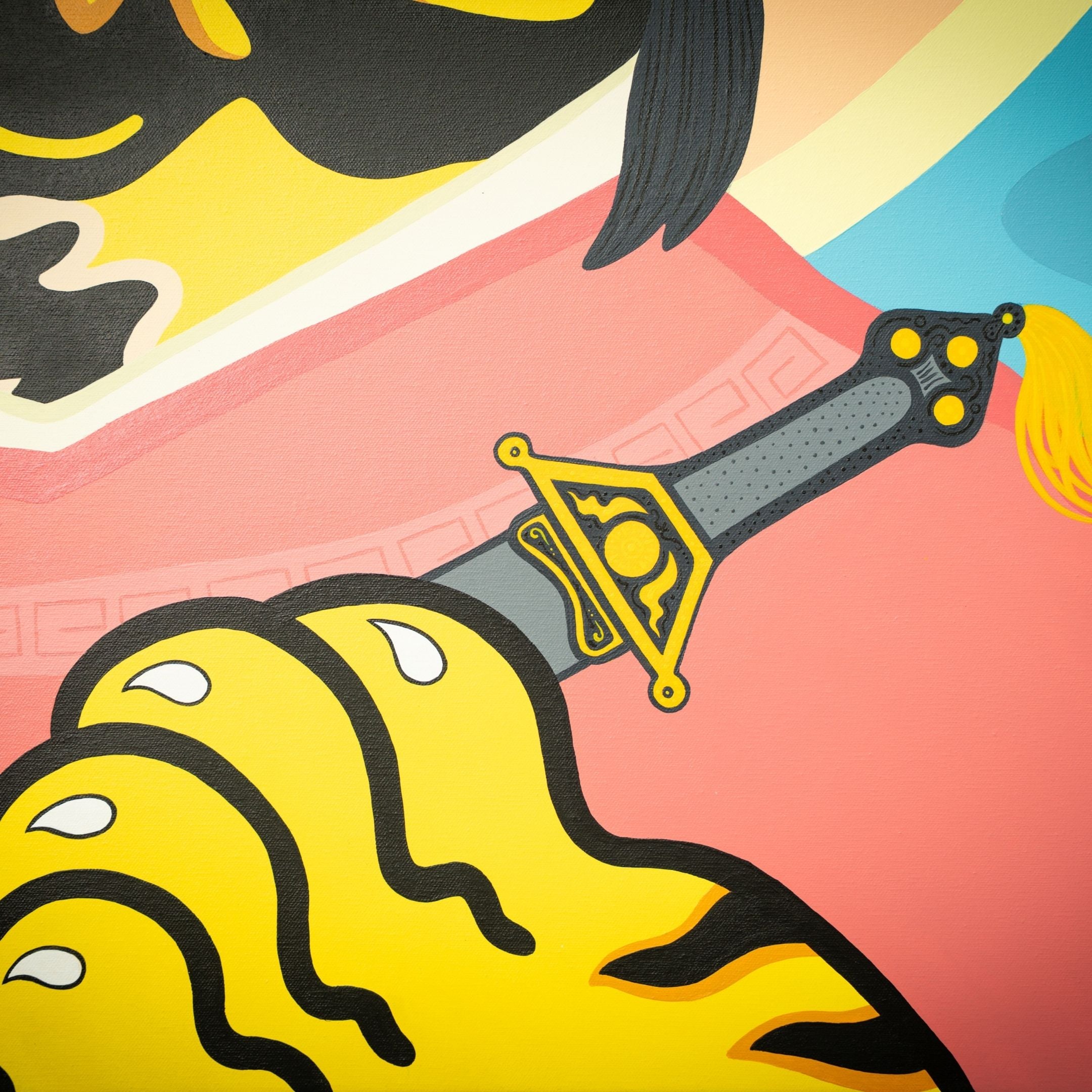 A person holds a detailed hilt small decorative sword amid a vibrant background canvas resembling the Jun Jaow Tiger Pop Art Canvas Painting by Giant Sculptures, with bright pink, blue, and yellow abstract shapes and patterns.