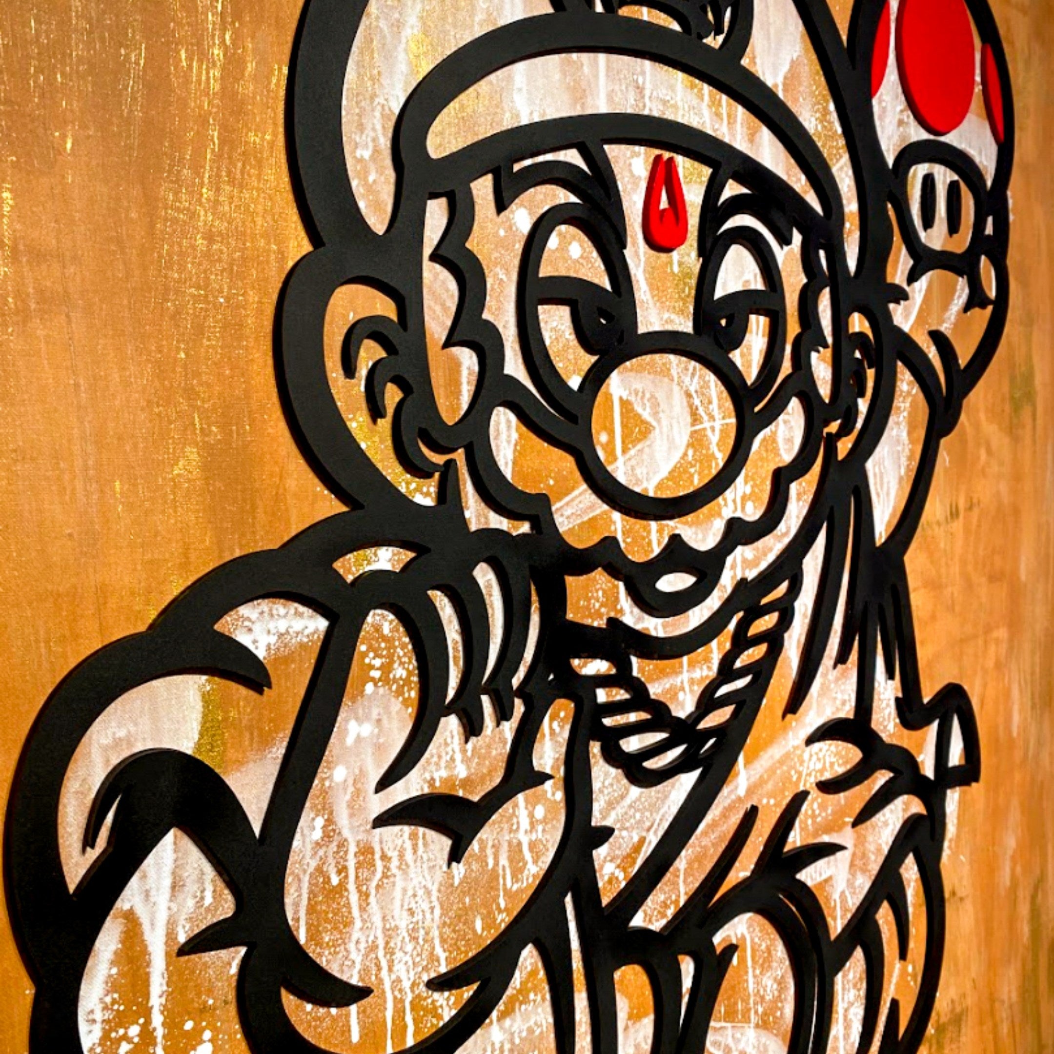 The Prophet Canvas 3D Wall Art by Giant Sculptures features a bold, cartoon-style character with a hat and necklace, gold textured background, white splatters, and red teardrop. A striking pop culture-inspired piece for your wall.